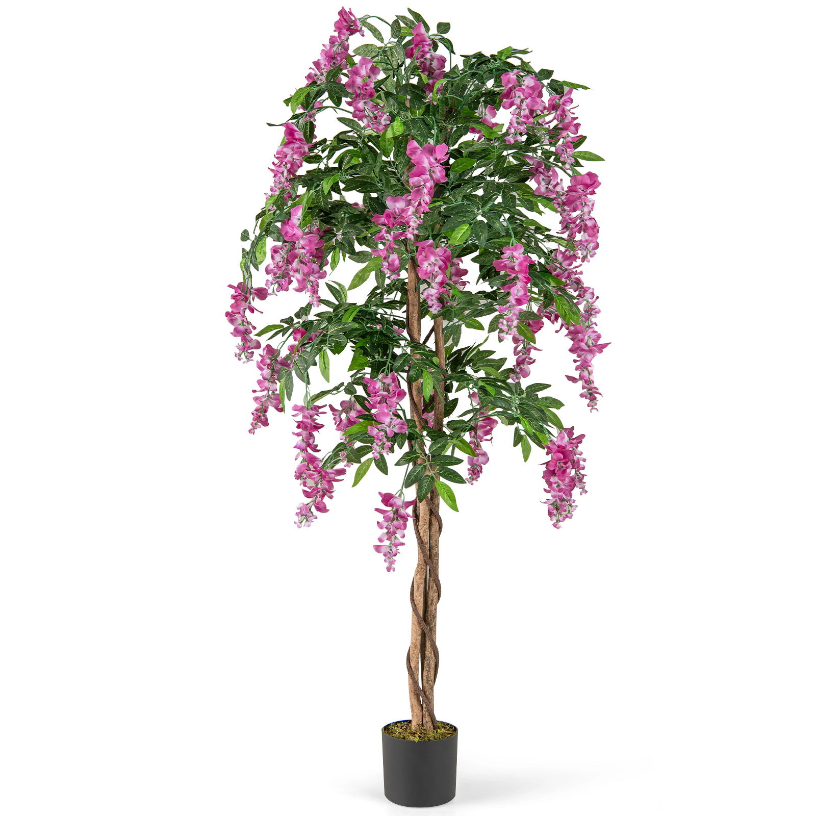 SUGIFT 65-in Artificial Wisteria Tree with Cascading Rose Red Blooms Real Wood Trunk and Cement Pot
