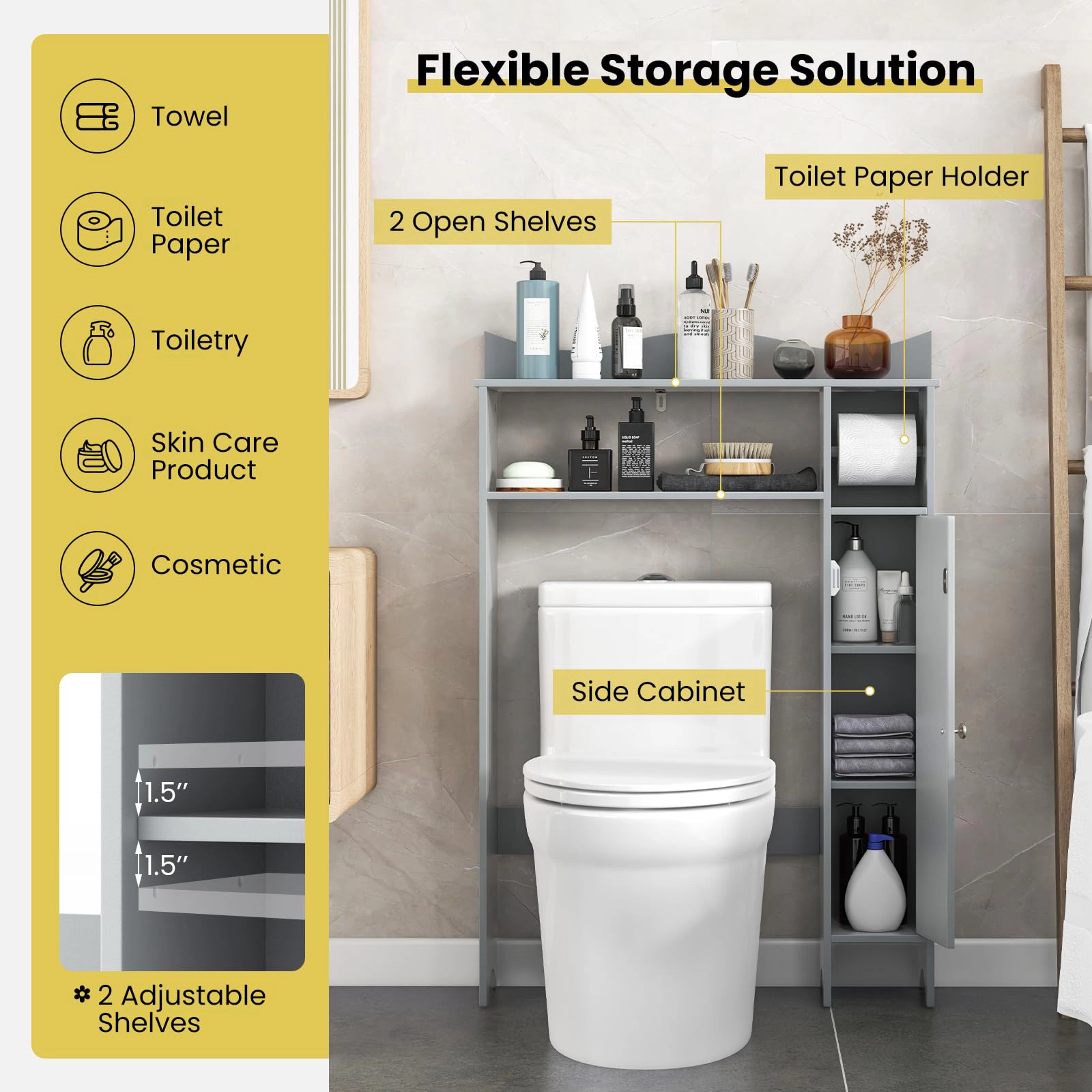 Glintex Over-the-Toilet Cabinet with Toilet Paper Holder and Protective Top Baffle, Gray