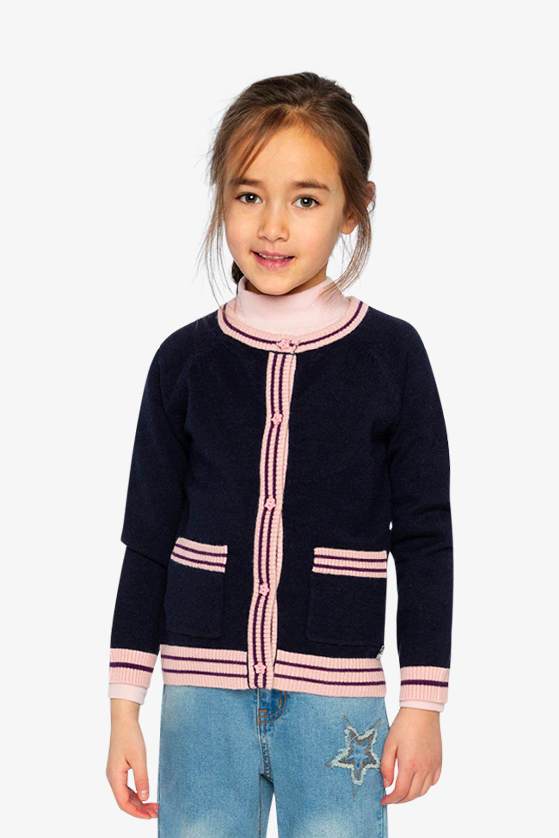 Deux par Girls Striped Trim Button-Front Knitted Cardigan
