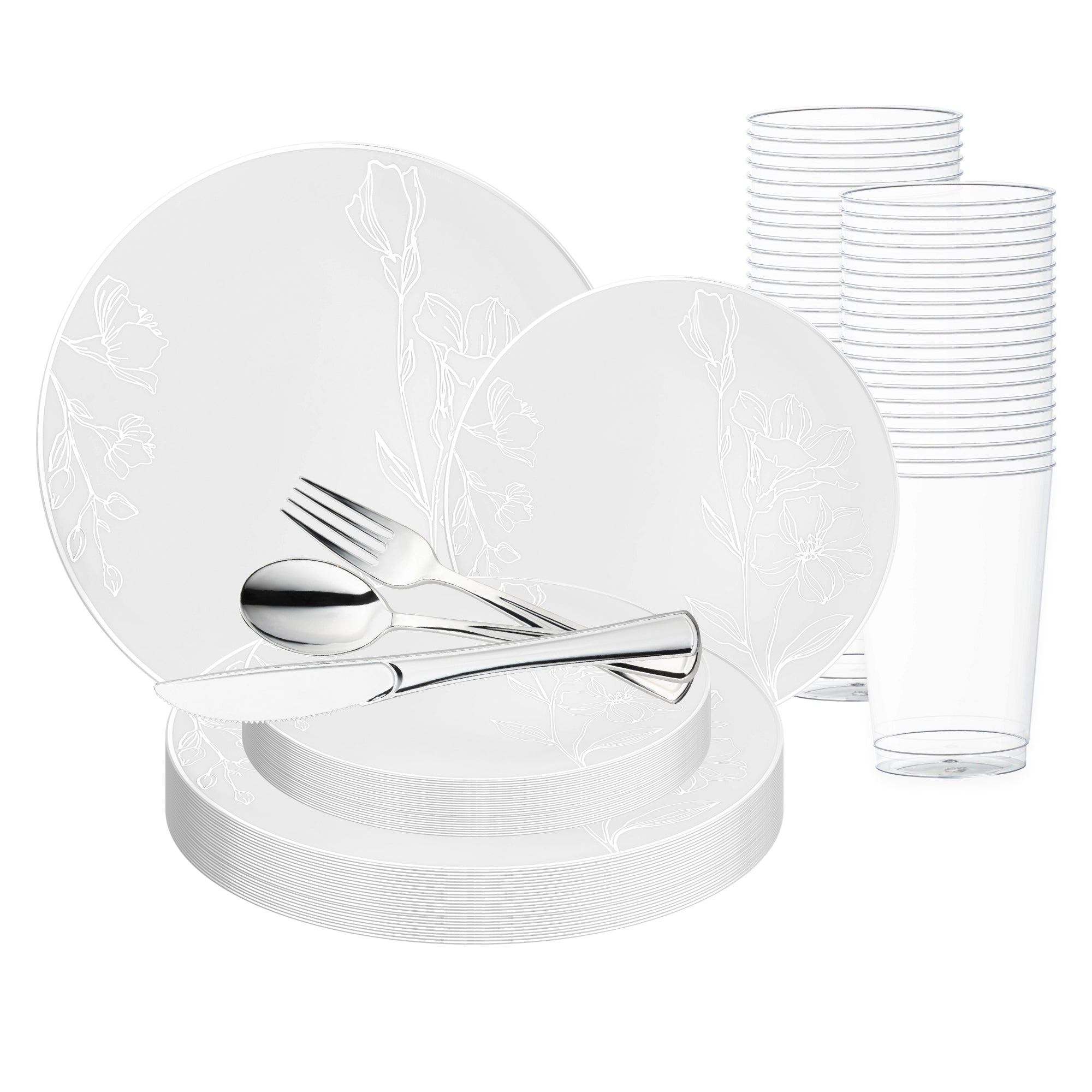 Smarty Had A Party White with Silver Antique Floral Round Disposable Plastic Wedding Value Set