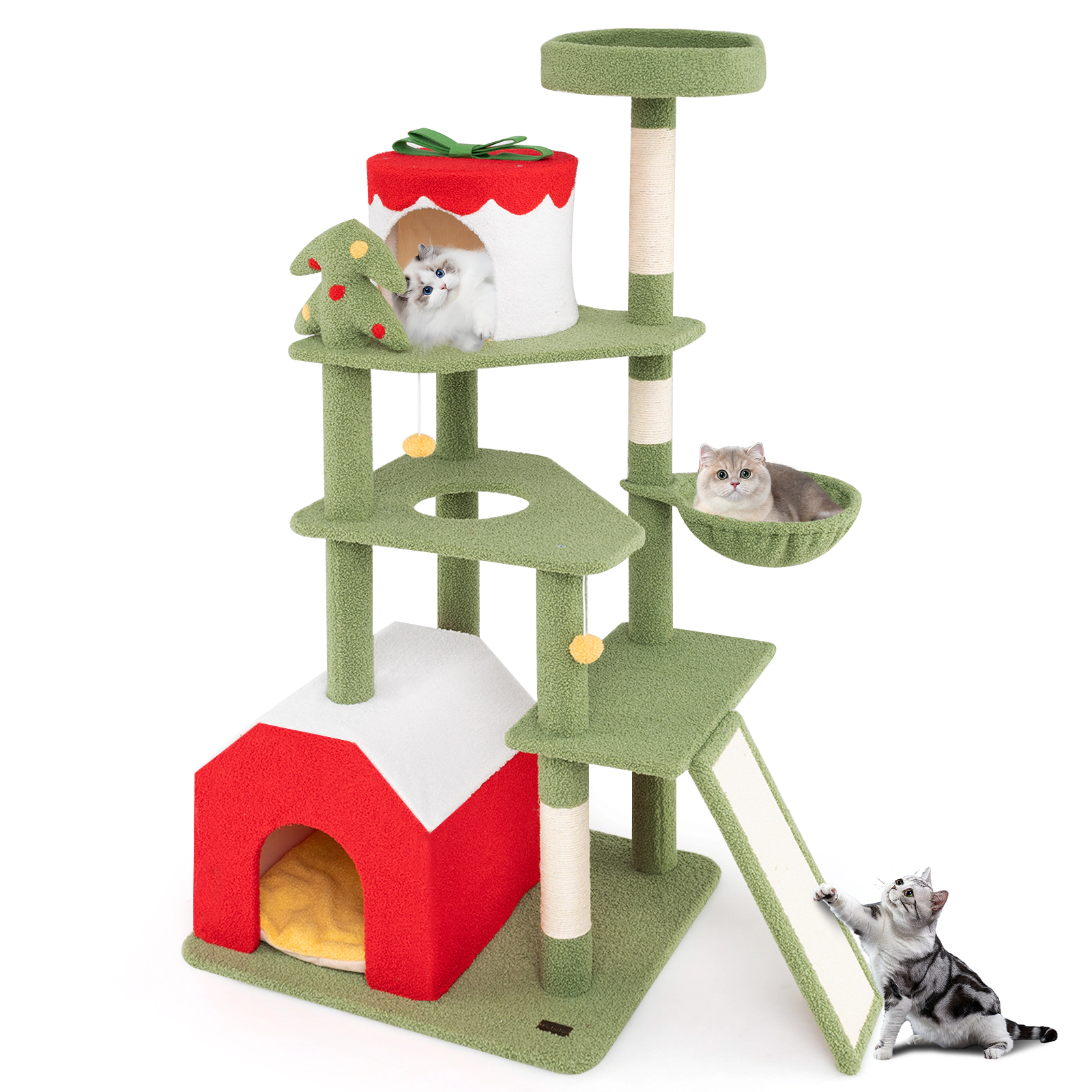SUGIFT 61-in Christmas Cat Tree with Sisal Scratching Posts, 2 Condos and Basket Bed Green, Red, Yellow, White