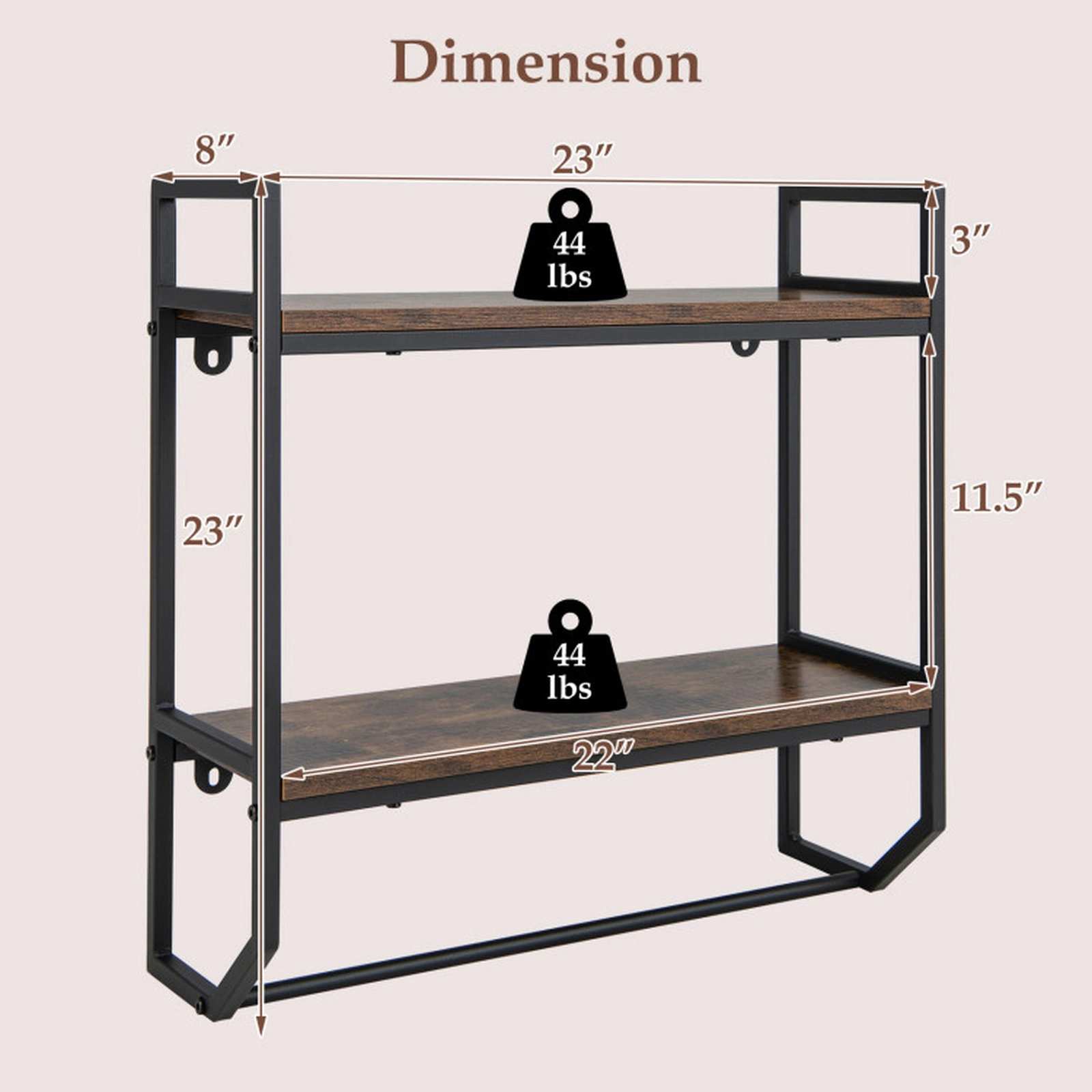 SUGIFT 23-in 2-Shelf Wall Mounted Over the Toilet Storage Shelf with Round Metal Towel Bar and Rustproof Frame