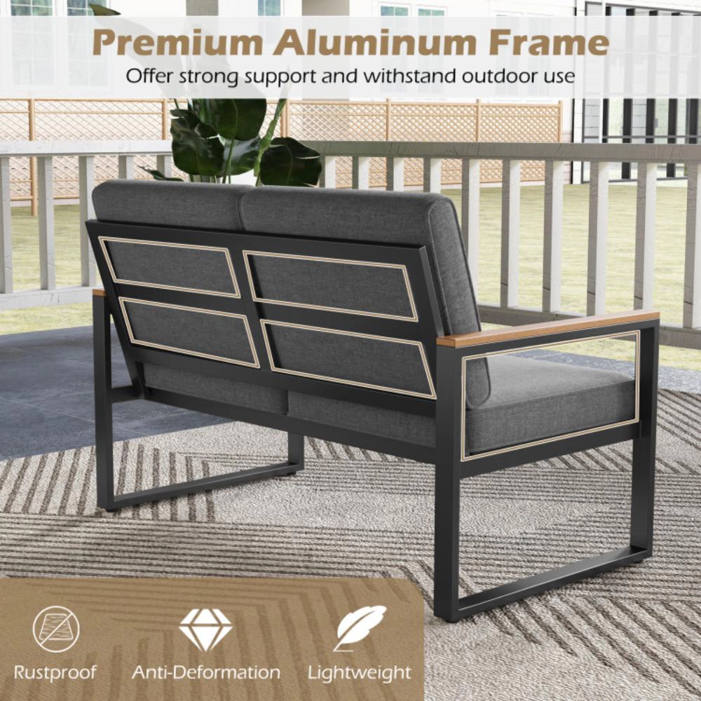 Hivvago 2 Piece Patio Aluminum Furniture Set With Wood-Plastic Armrests And Tabletop-Gray