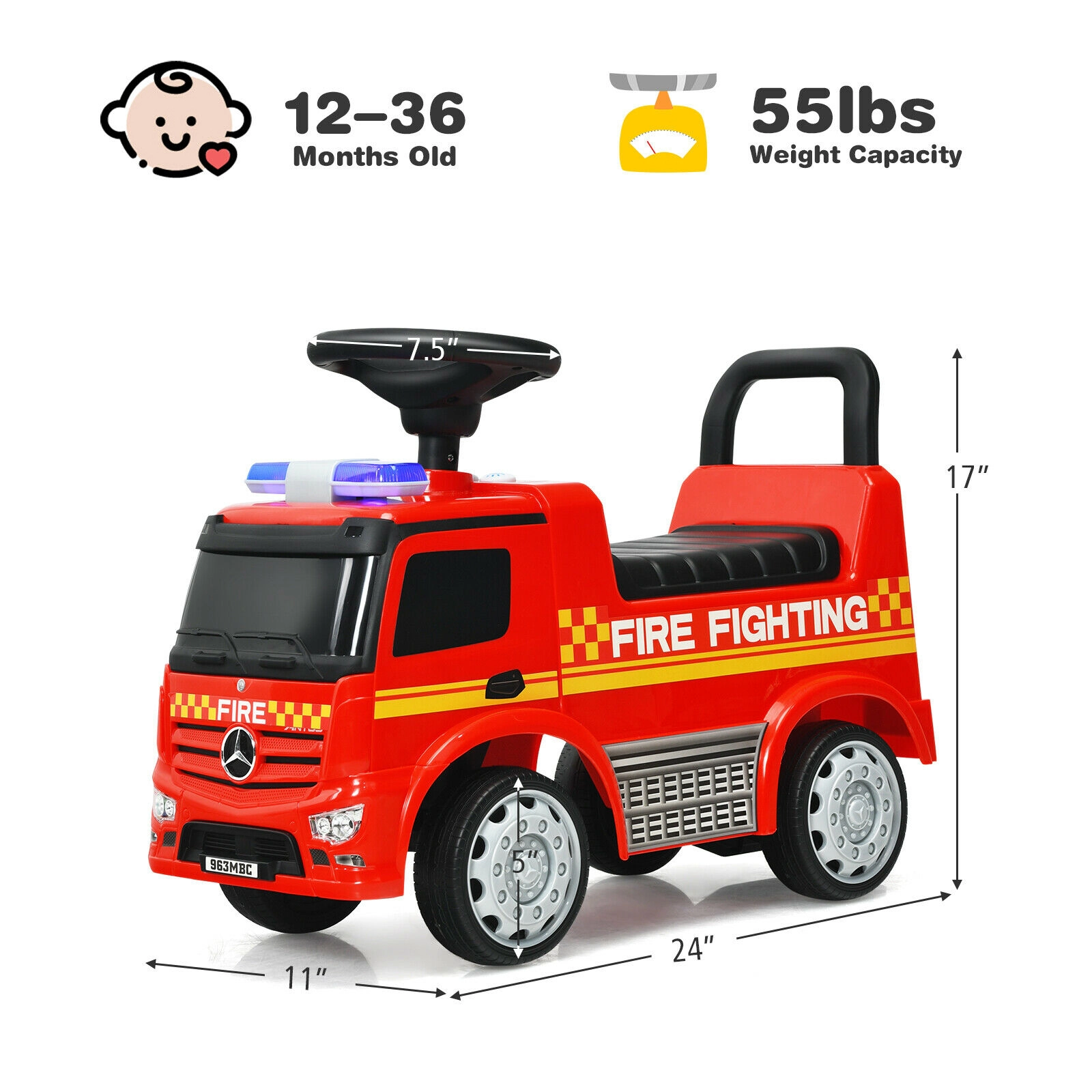 SUGIFT Licensed Mercedes Benz Kids Fire Engine Ride-On Push Car 55-lb Capacity Ages 12-36 Months Foot-to-Floor Red