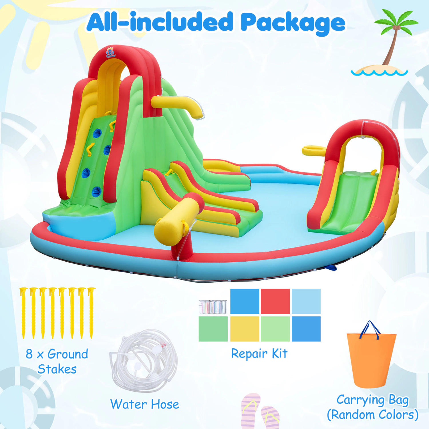 LJG Kids Inflatable Water Park with Splash Pool and 3 Water Slides (Blower Not Included)