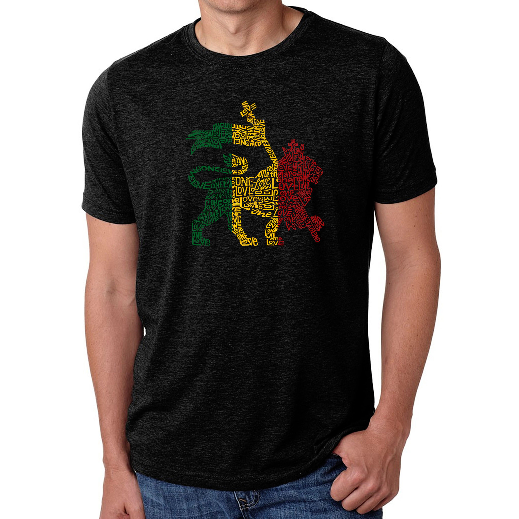 LA Pop Art Men’s Cotton/Poly Blend Word T-Shirt - Rasta Lion One Love