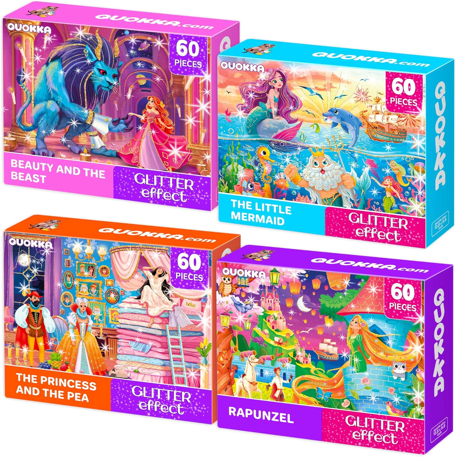 QUOKKA 4-Pack Glitter Effect Jigsaw Puzzles for Kids Ages 4–6, 60 Pieces Each, Fairy Tale Collection