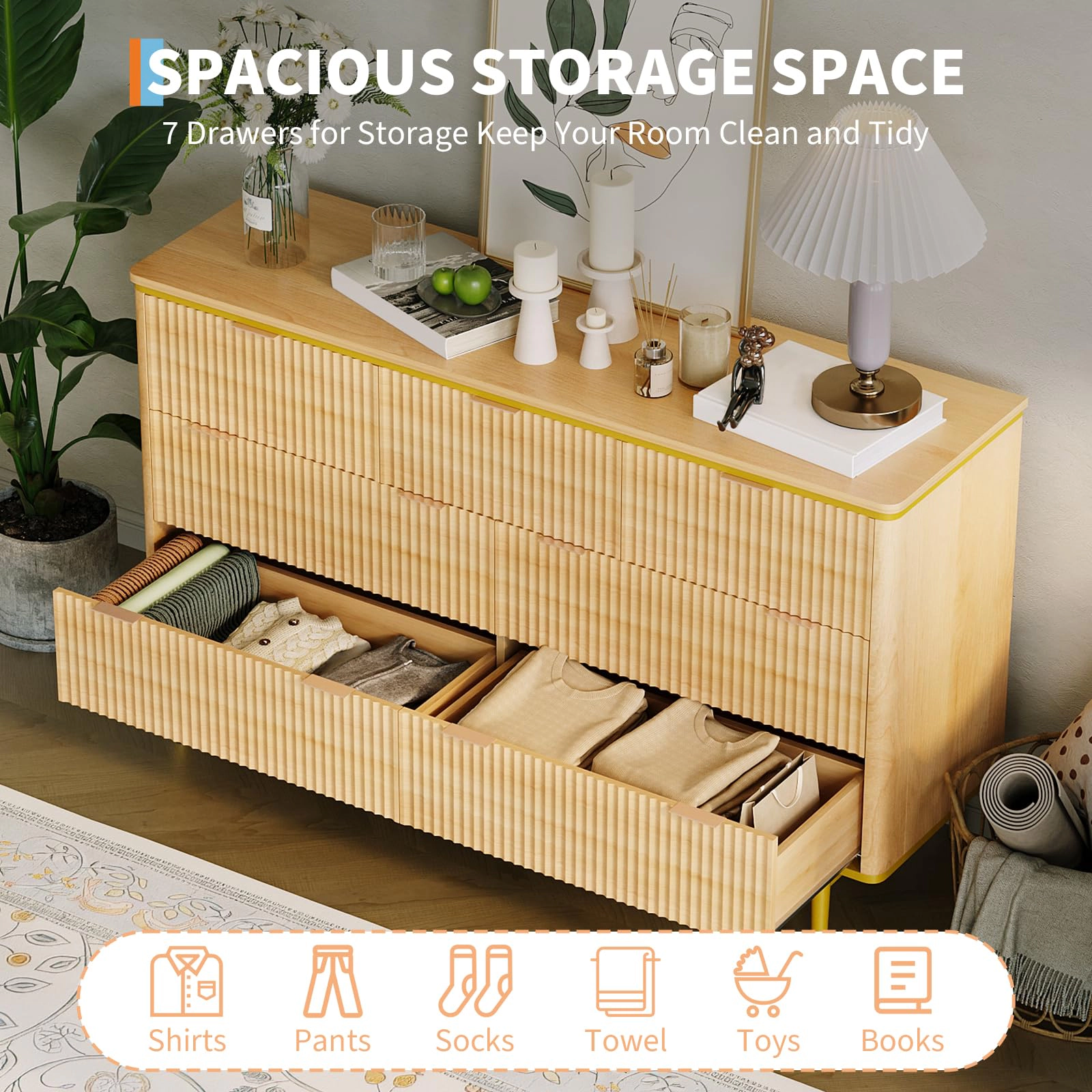 Fluted 7 Drawer Dresser with Gold Handles Curved Profile Design, 54" Wide Modern Wood Storage Cabinet & TV Stand