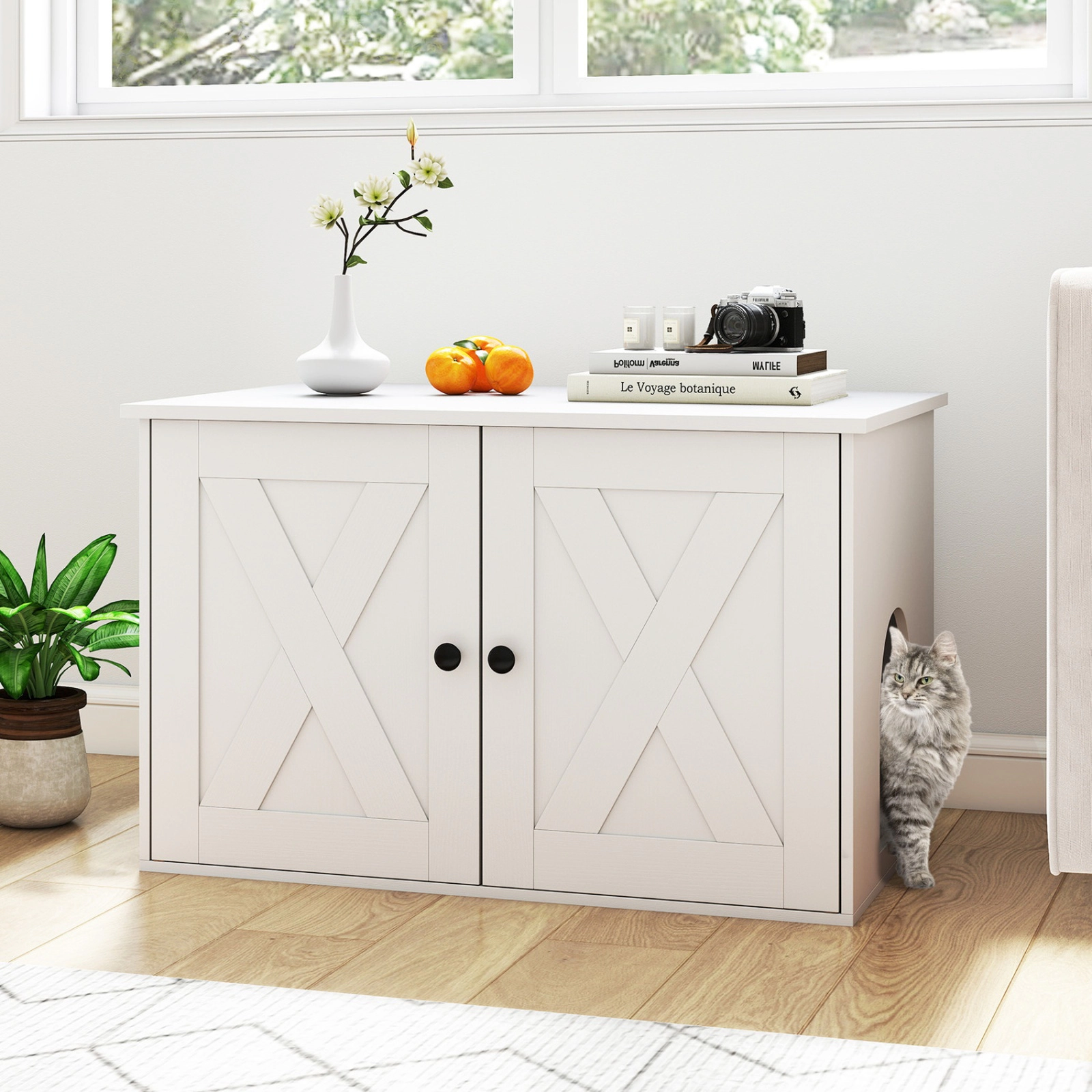 SUGIFT White Hidden Cat Litter Box Enclosure with Divider 31.5-in W 21-in D 20-in H 66-lb Tabletop Capacity