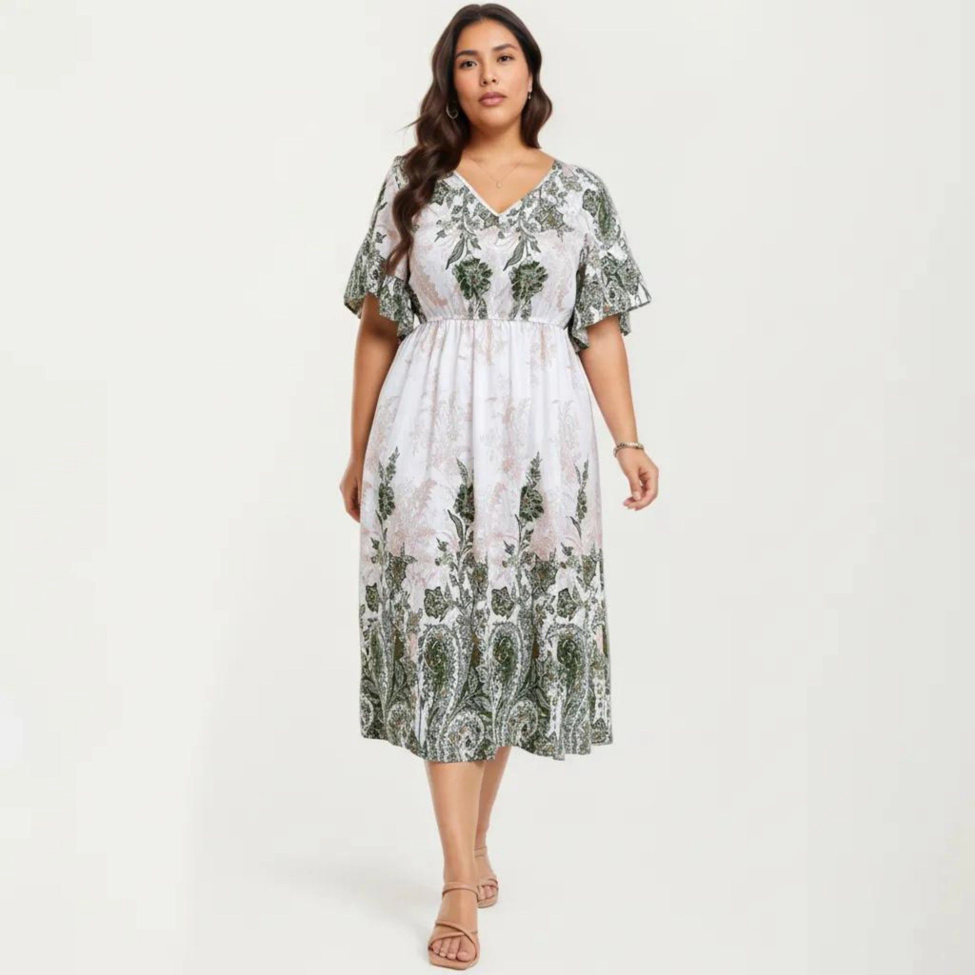 Anna-Kaci Women's Short Sleeve V Neck Elastic Waist All Over Floral Print Flowy Fit Casual Midi Dress