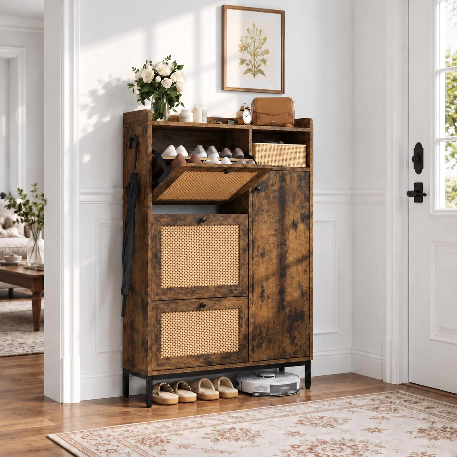 BebreezChic Rattan 4-Tier Shoe Cabinet with Flip Drawers,Brown