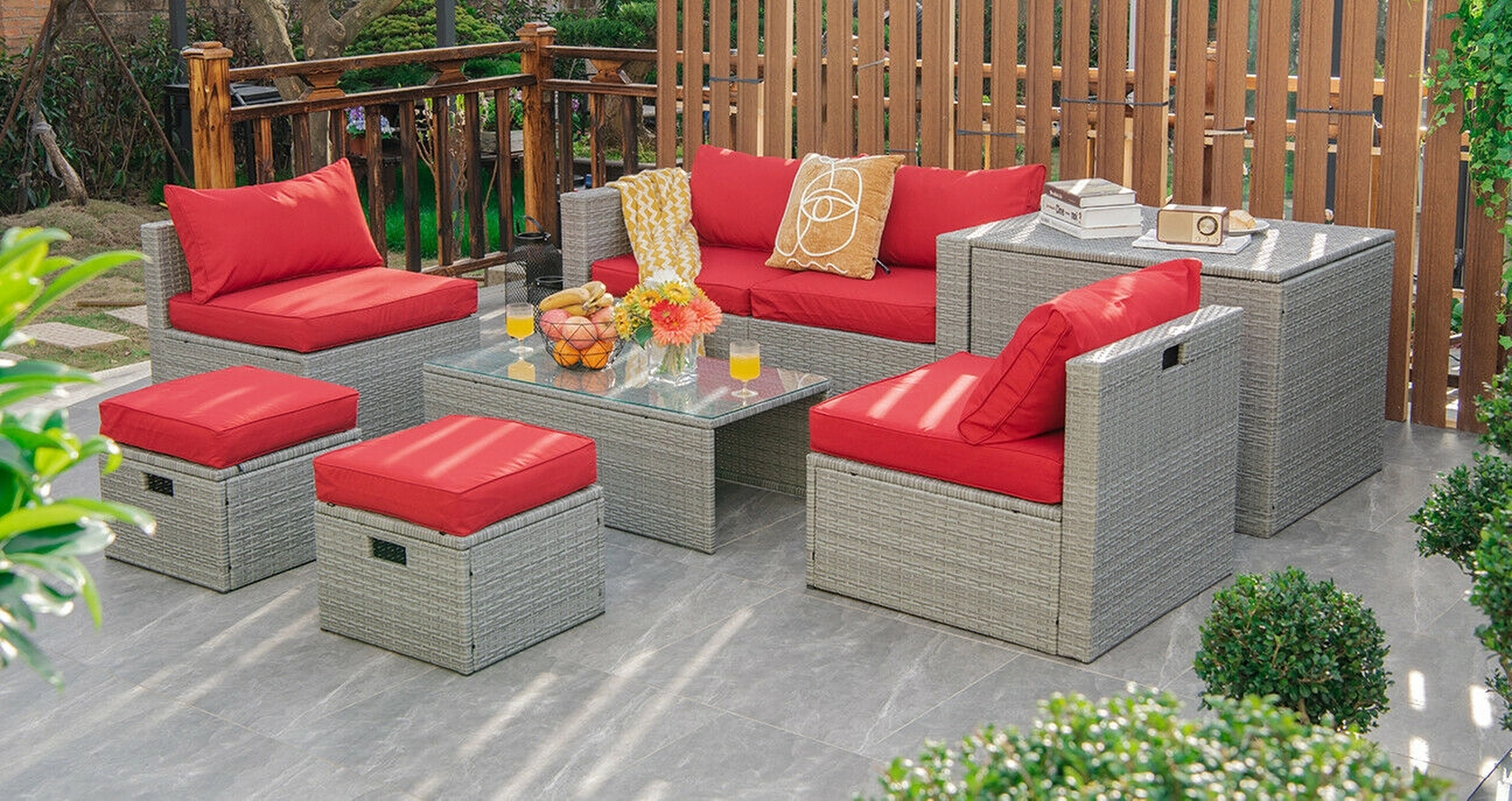 SUGIFT 8-Piece Red Rattan Patio Sectional Set with Storage Box, Cover and Glass Table