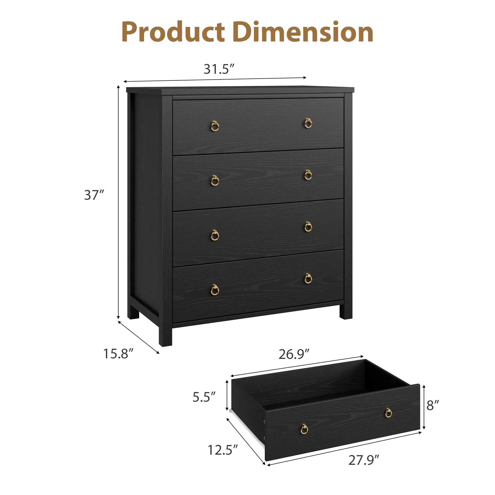 4 Drawer Modern Dresser, 37" Tall Wooden Storage Chest Nightstand for Bedroom Nursery Hallway