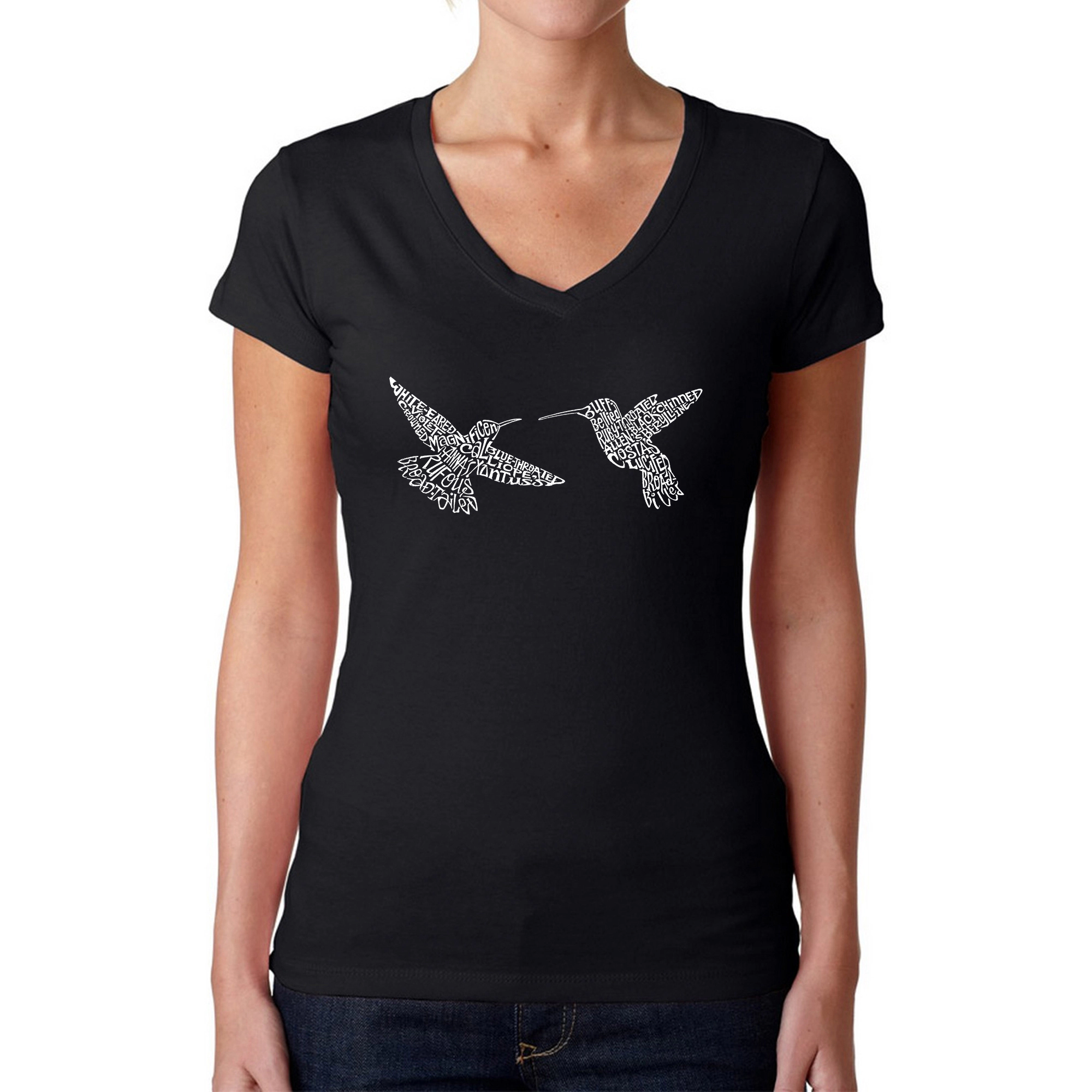 LA Pop Art Womens Word V-Neck T-Shirt - Hummingbirds