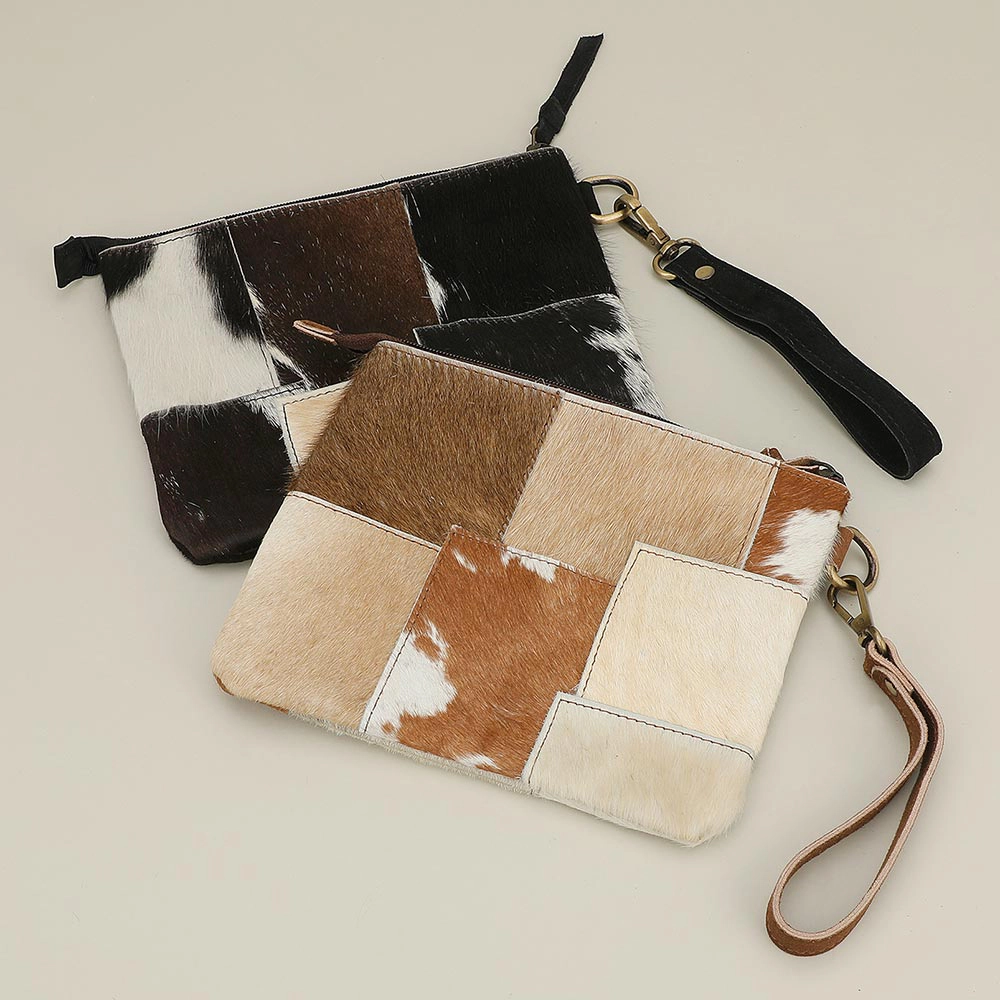 Fashnzfab Genuine Leather Leopard Pattern Calf Fur Patchwork Wristlet Pouch Clutch Bag