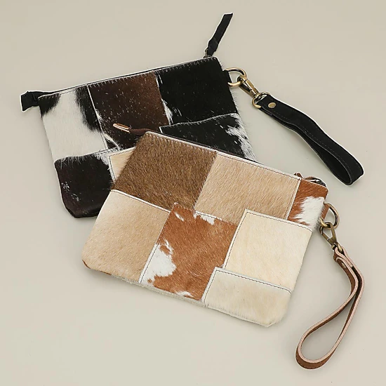 Fashnzfab Genuine Leather Leopard Pattern Calf Fur Patchwork Wristlet Pouch Clutch Bag