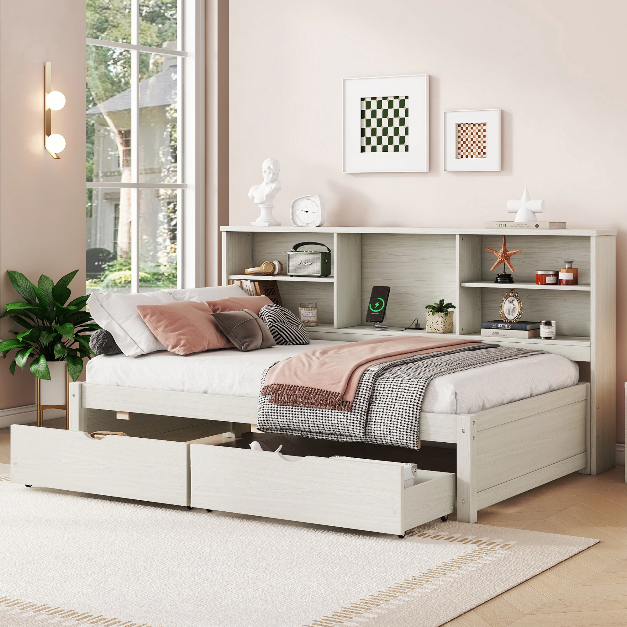 Flynama Twin Bed Frame with Side Bookshelves, Two Drawers & USB Port, Creamy White