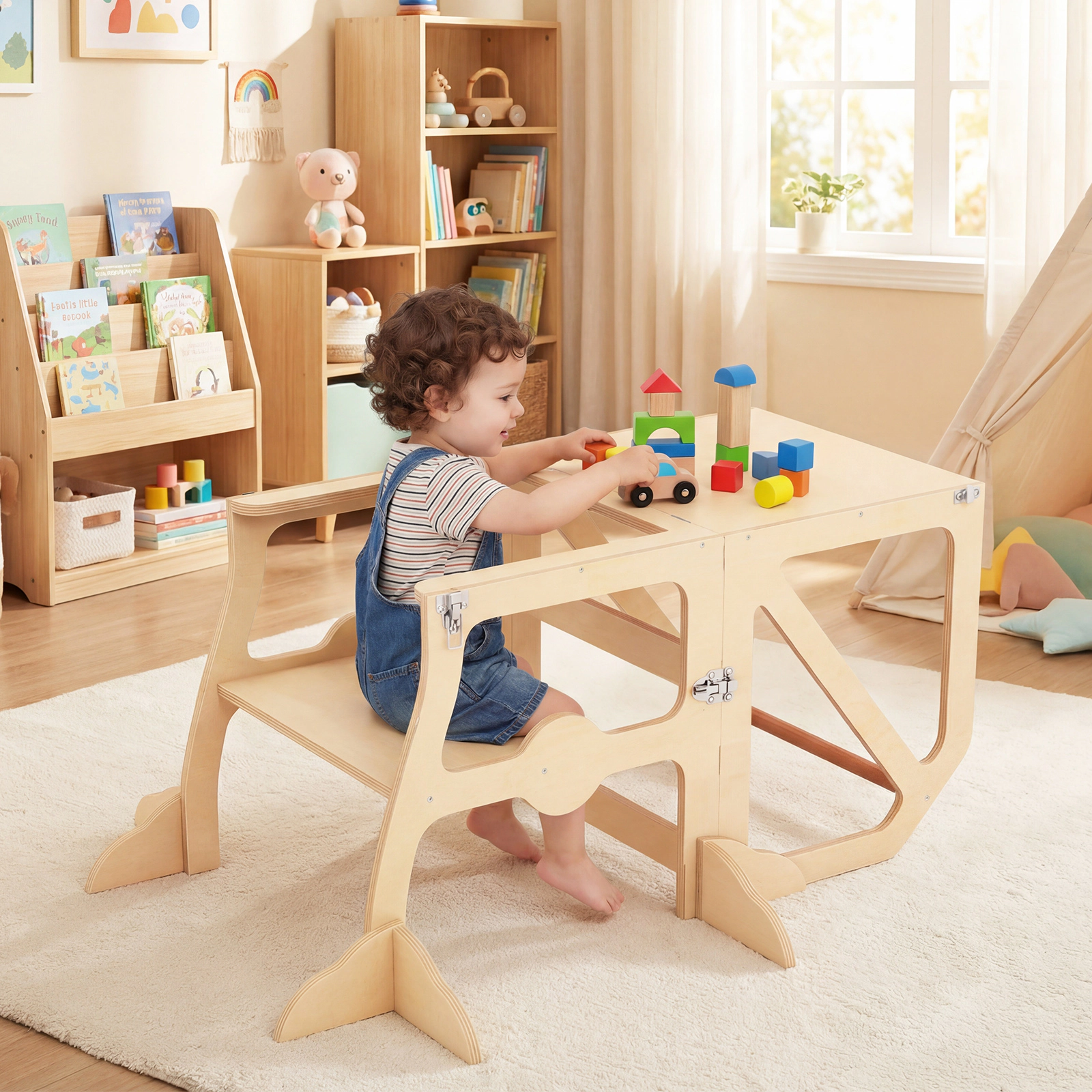 SUGIFT Multifunctional Kids Kitchen Step Stool Natural with Removable Safety Bar
