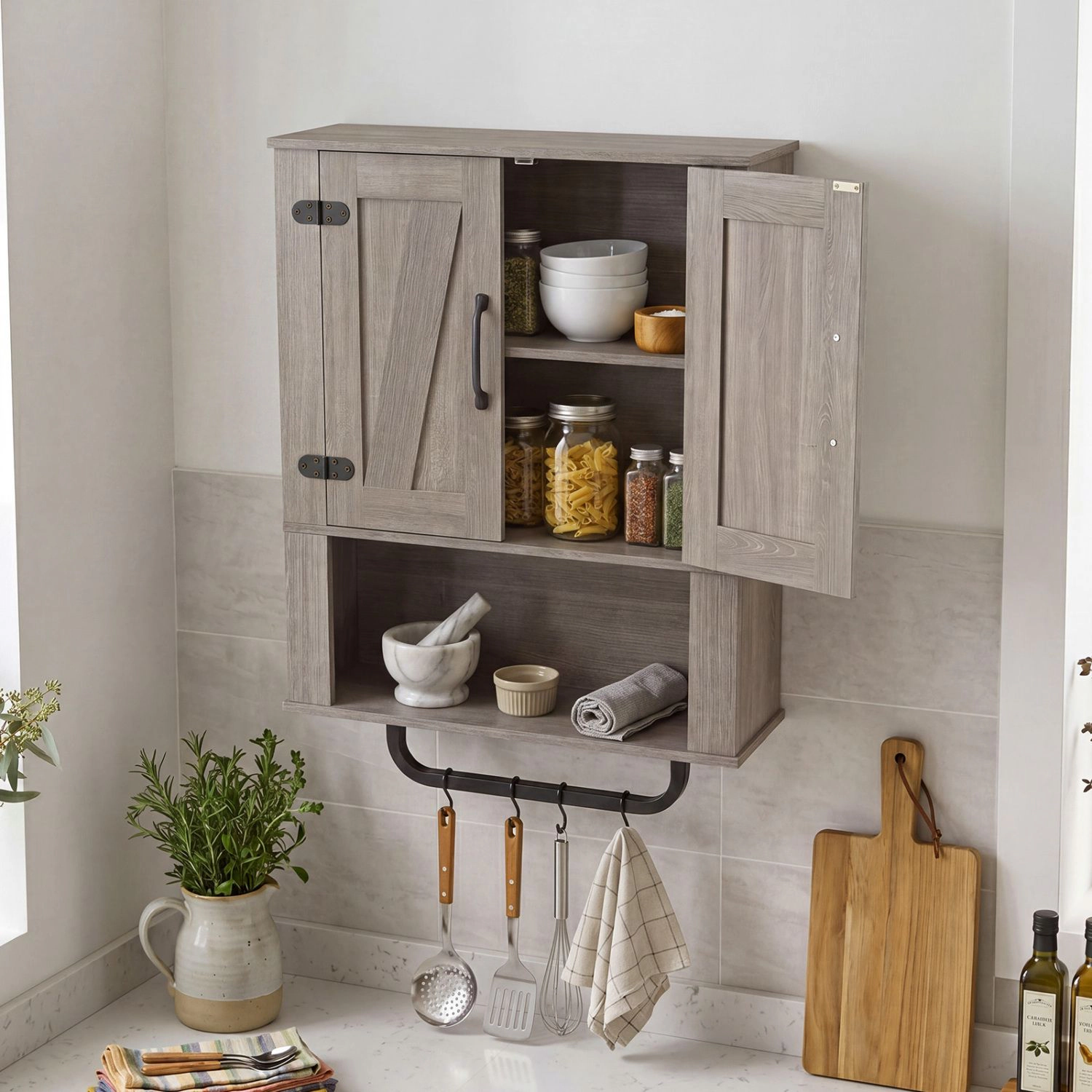 SlickBlue Bathroom Wall Cabinet with Doors, Open Shelf and Towel Rod