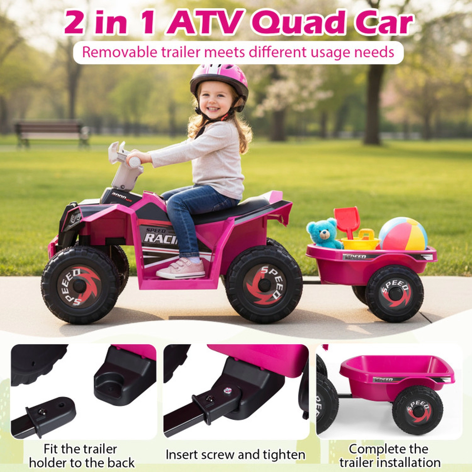 SUGIFT 6V Kids Electric ATV Quad Car with Detachable Trailer 66-lb Capacity Ages 3+ Ride-On 41-in Long Rose Red