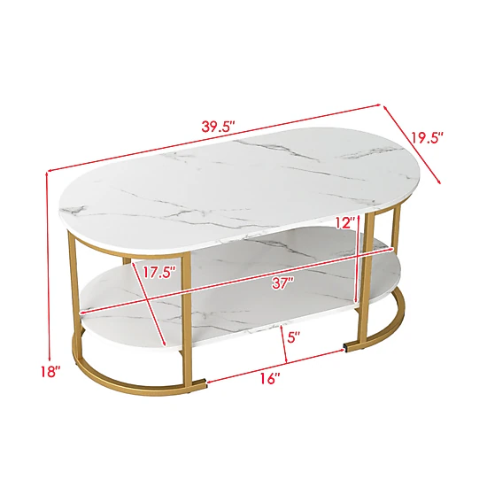 Hivvago Spacious Two-Layer Wooden Coffee Table with Oval Top and Storage Shelf