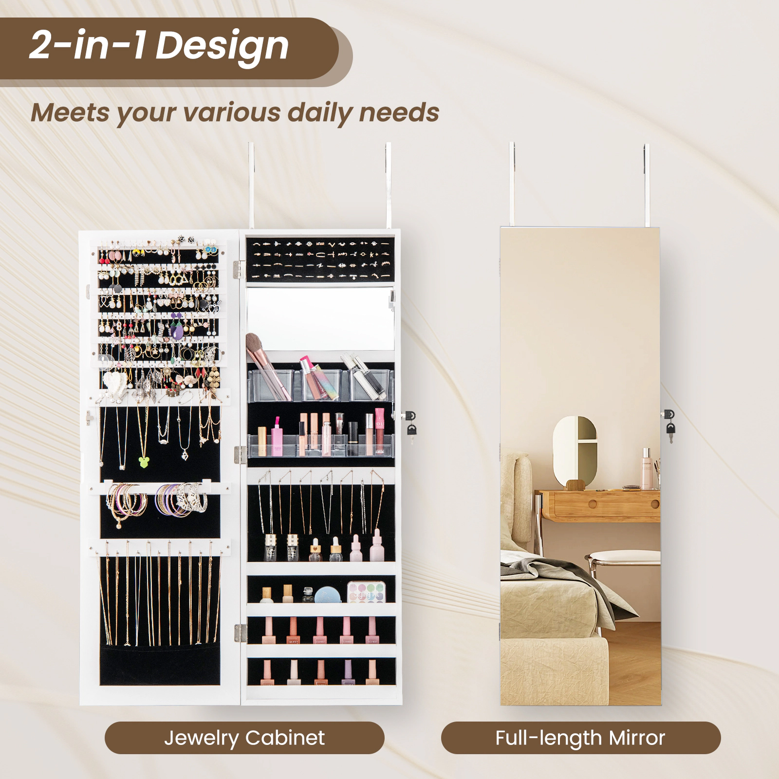 SUGIFT 43.5-in Full-Length Jewelry Mirror Cabinet with Interior Mirror Wall and Door Mount 1-Piece White