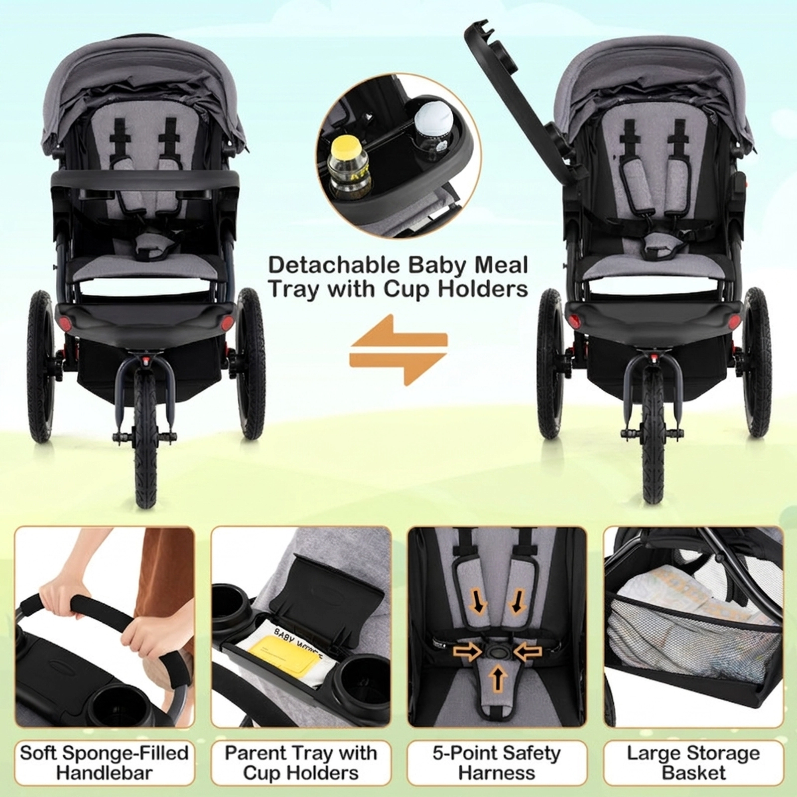 SUGIFT Baby Gray Foldable Jogging Stroller with Detachable Tray and Air-Filled Tires 45-in W 33-lb Seat Capacity