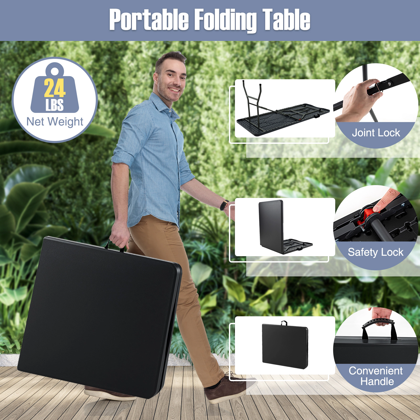 SUGIFT 6 ft Portable Folding Table 350-lb Capacity Fold-in-Half Picnic Table Black