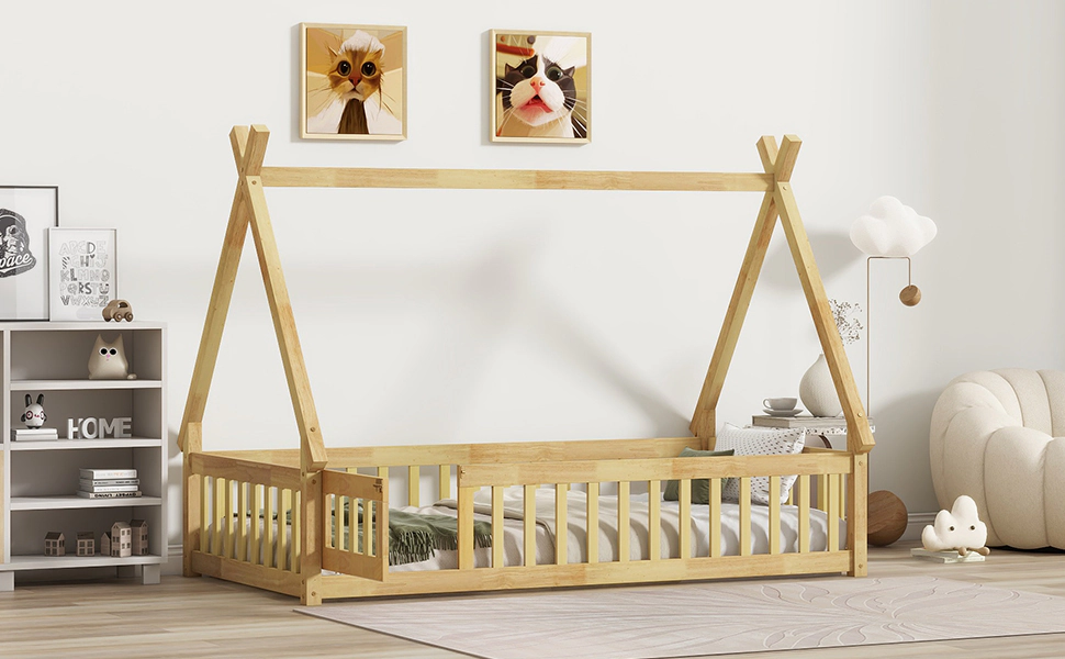 Tinyhomie Twin Tentshaped Floor Bed Teepee with Guardrails Slats and Door Natural