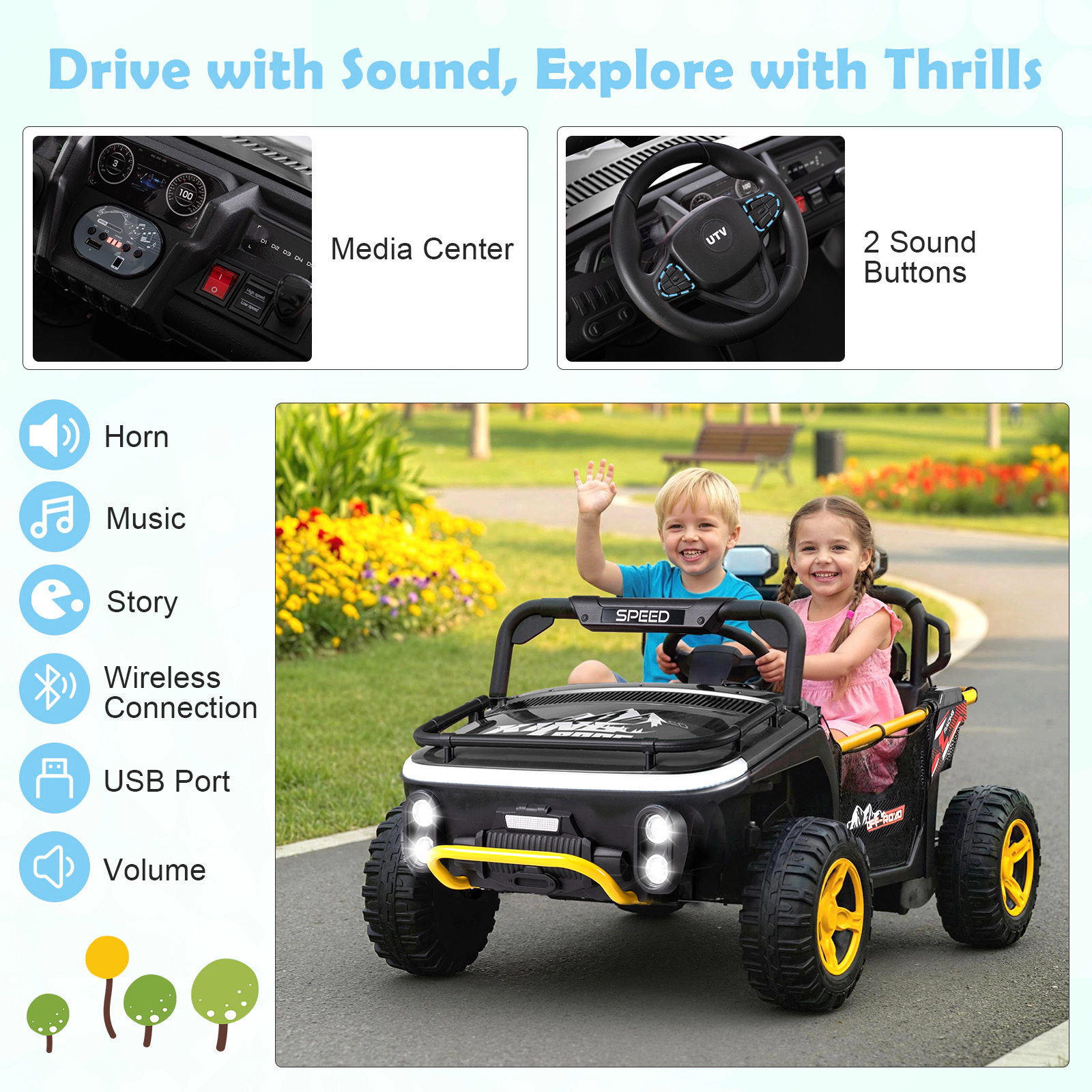 LJG 24V Ride on Toy for Kids 2 Seater Truck Car with Horn Music Story