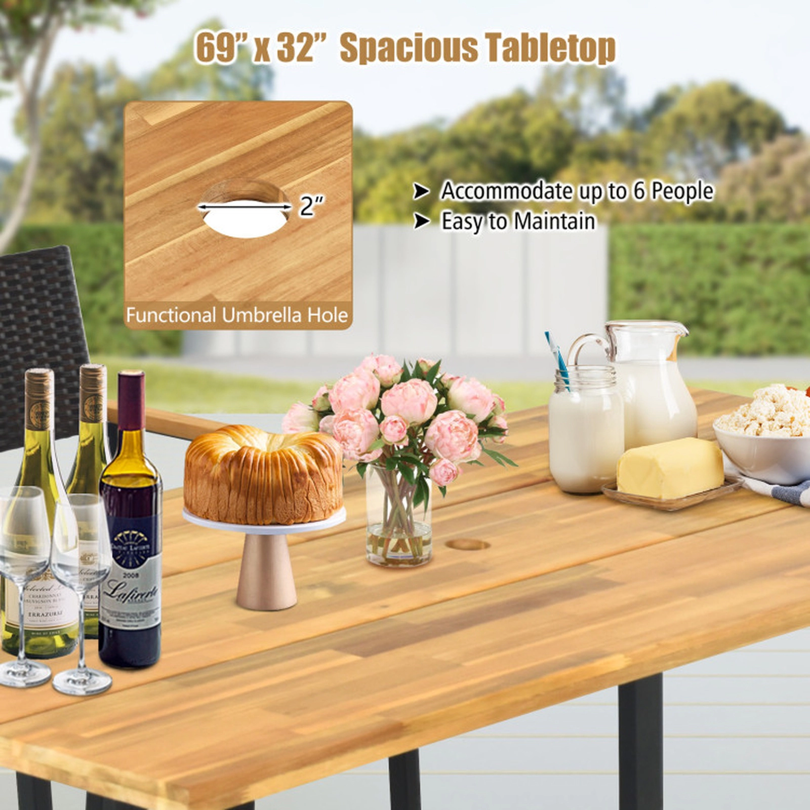 SUGIFT 6-Person Acacia Wood Metal Frame 2-in Umbrella Hole Outdoor Dining Table 69-in x 32-in 350-lb Capacity Natural