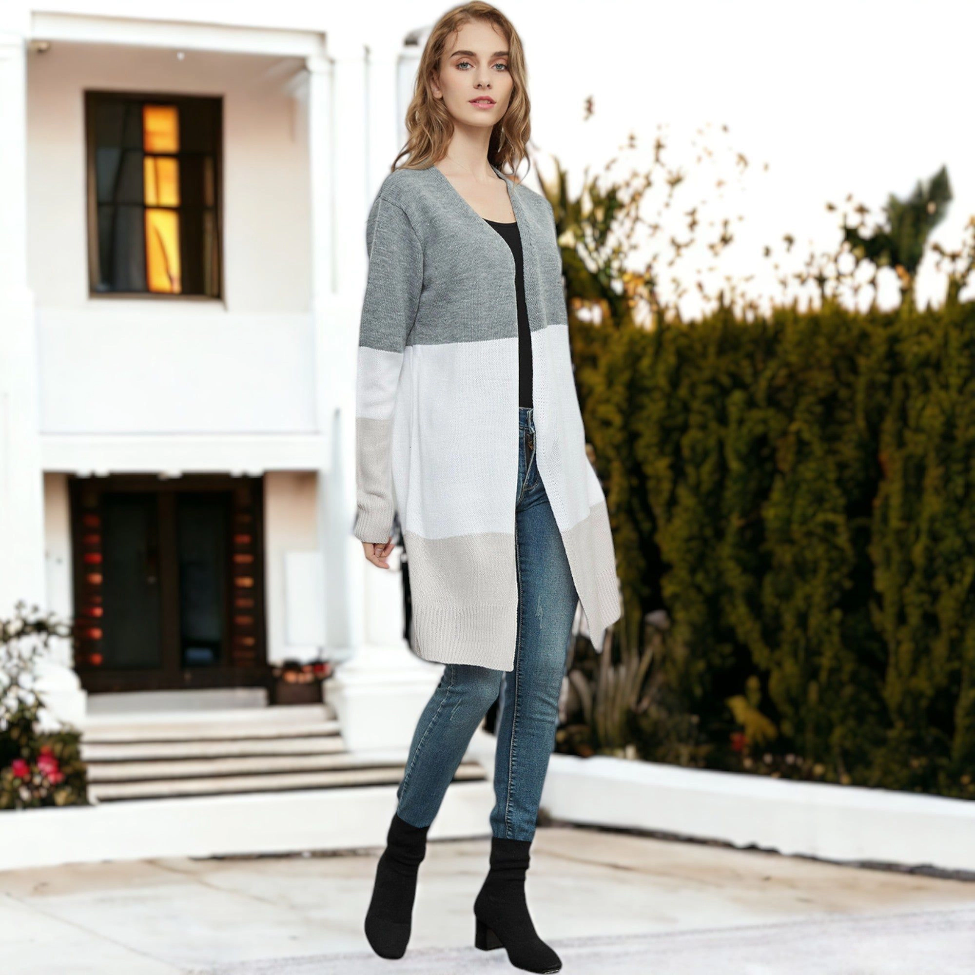 Anna-Kaci Women's Long Sleeve Open Front Casual Knit Sweaters Coat Outwear Striped Draped Duster Cardigan