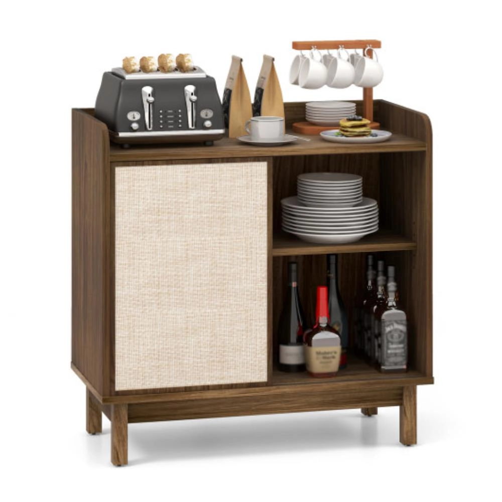 Hivvago Rattan Buffet Sideboard Mid Century Floor Storage Cabinet With Sliding Door And Adjustable Shelves-Walnut