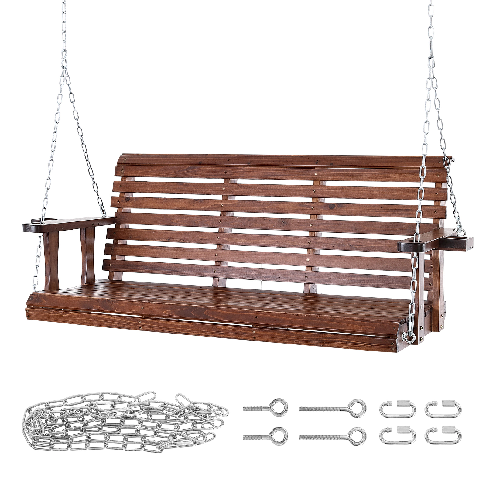 HONGGE 5.5 ft Cedar Wood Porch Swing with Dual Cup Holders & Hanging Chains, Patio Bench Seat, 880 lb Capacity