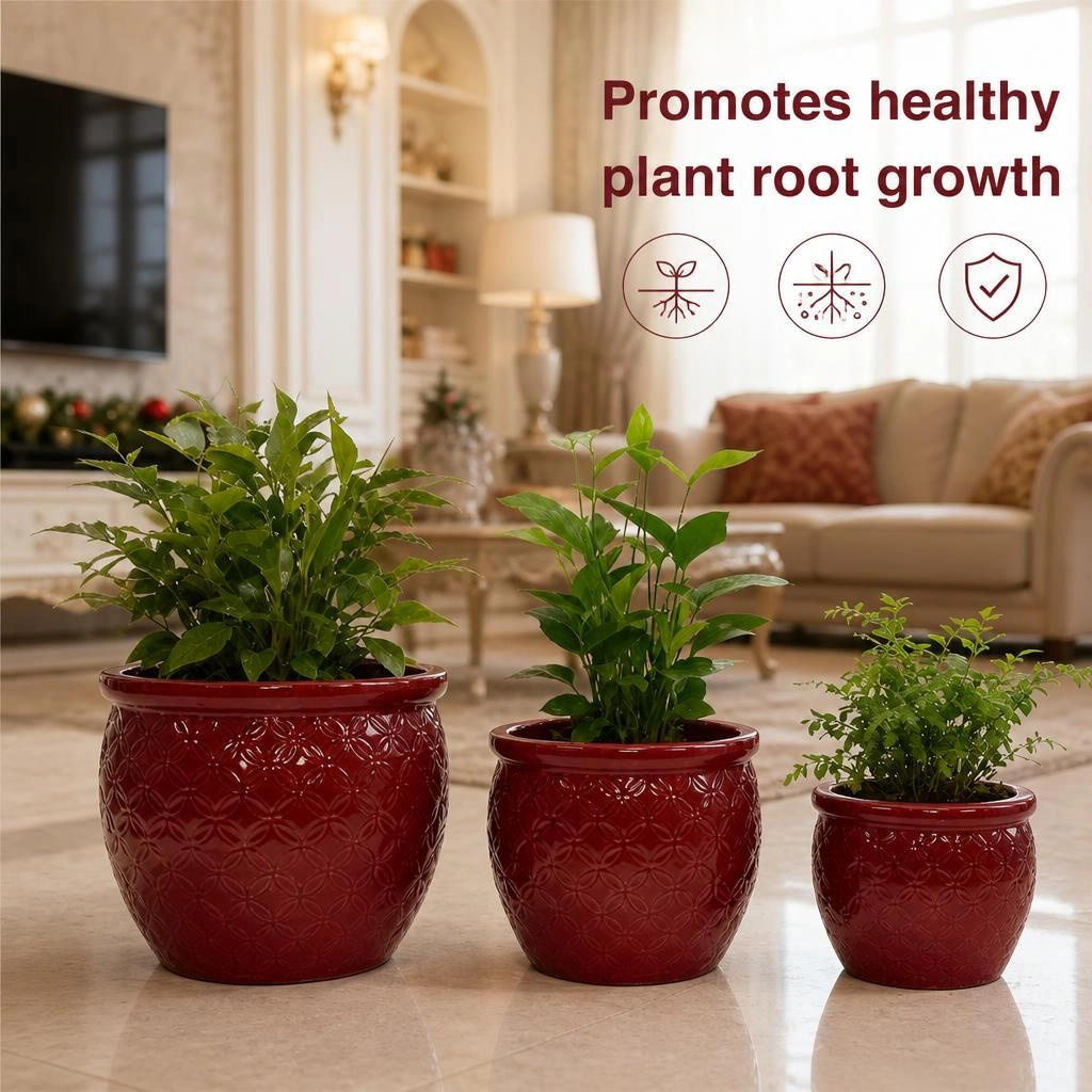 WOW PIONEER Large Round Ceramic Planter Pot for Flowers Herbs Vegetables Shrubs Patio Garden Yard Decor