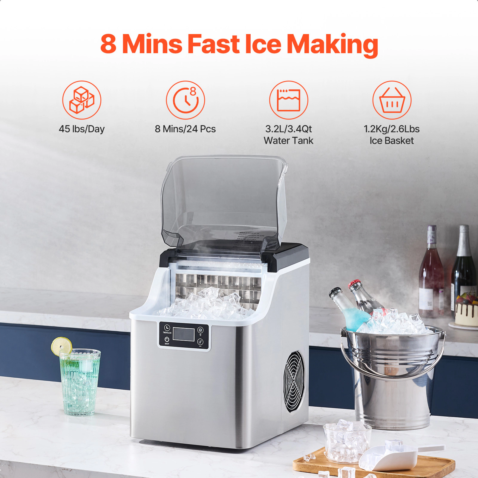 HONGGE Countertop Ice Maker, Ready in 15 Mins, Self-Cleaning Portable Ice Maker
