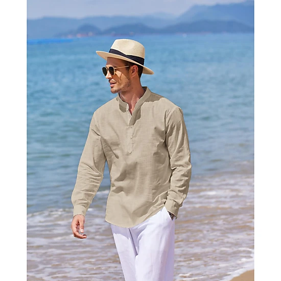COOFANDY Men's Regular Fit Lightweight Linen Long Sleeve Henley Shirt