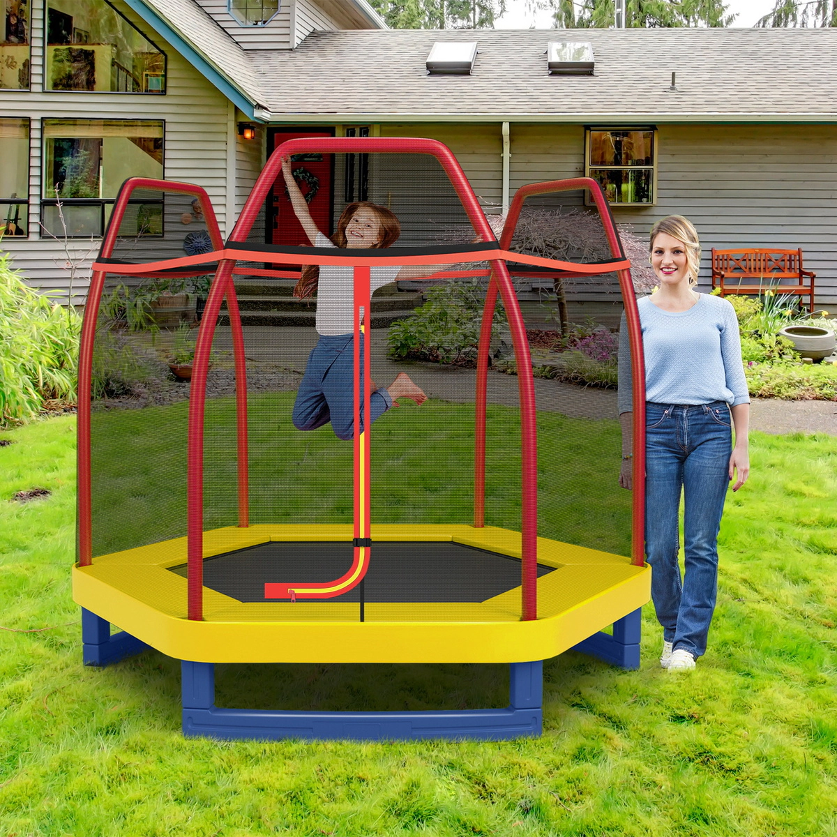 SUGIFT 7.3-Foot Kids Recreational Bounce Jumper Trampoline with Enclosure Net 150-lb Capacity Ages 3+ As Picture Shows