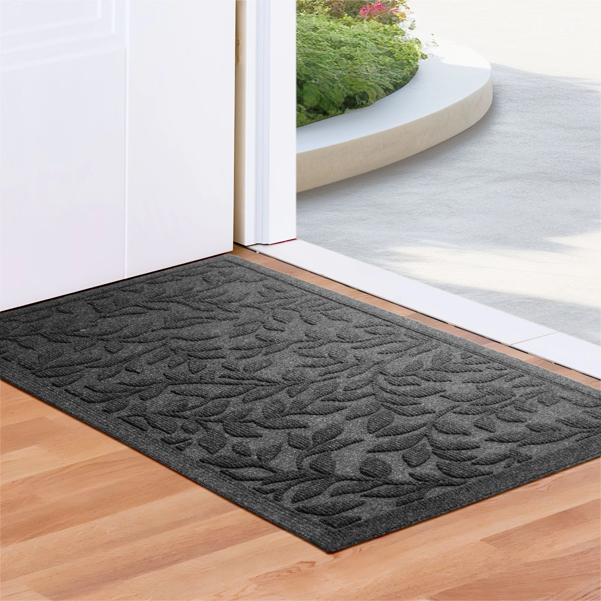 G128 Grey Leaves Door Mat 23 x 35 in - Thick Polypropylene, Natural Rubber Non-Slip Backing, Indoor/Outdoor Welcome Mat