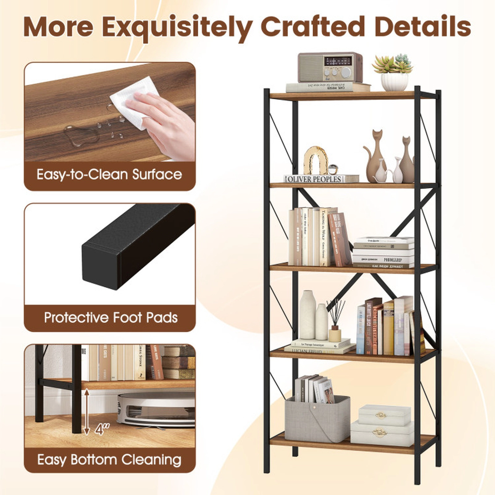 SUGIFT Walnut 5-Tier Tall Industrial Bookcase 62 in with Heavy-Duty Metal Frame