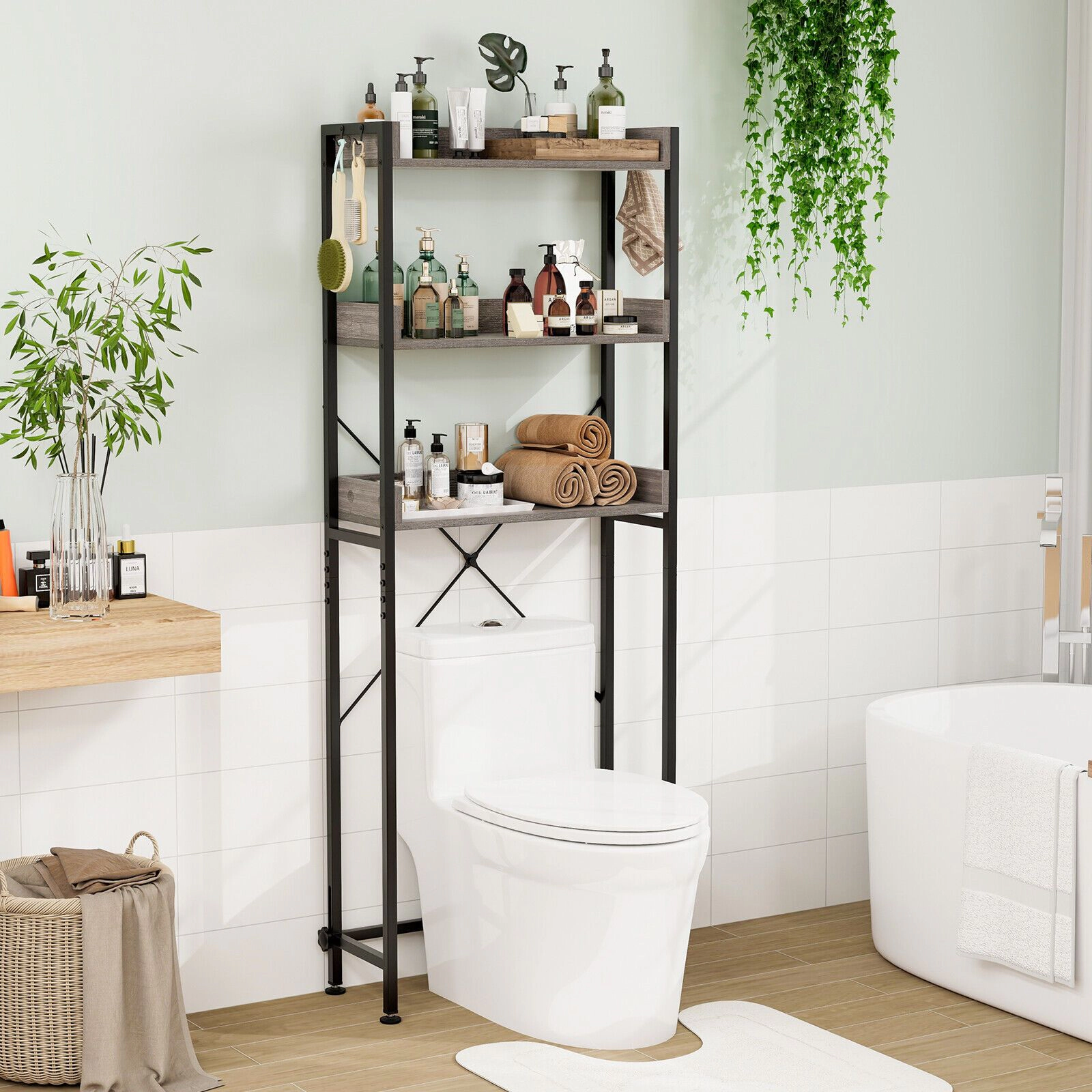SlickBlue Bathroom Over Toilet Organizer with 3 Shelves and Hooks