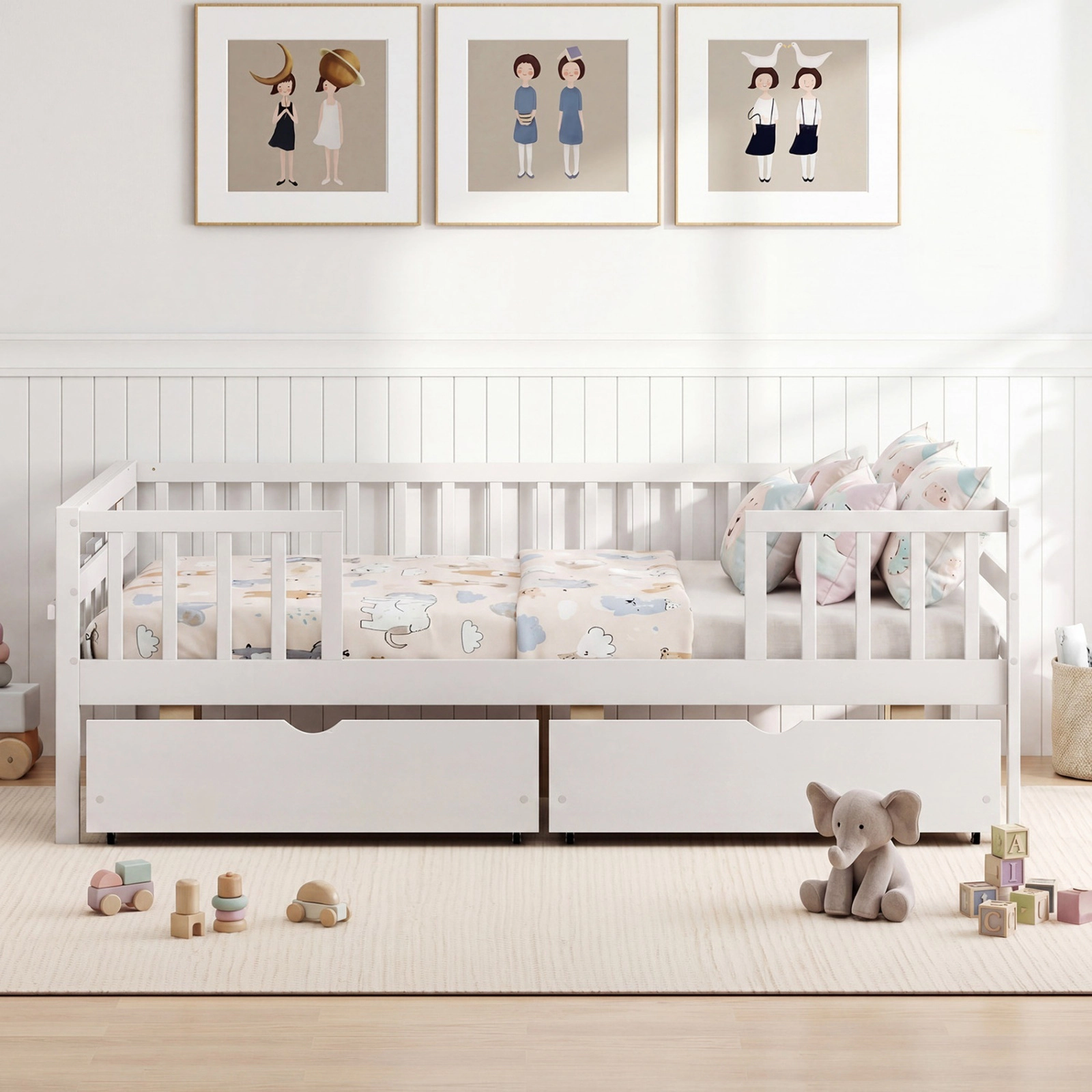 SUGIFT Full-Size Kids Daybed with Guardrail, 2 Drawers and Side Shelf, White