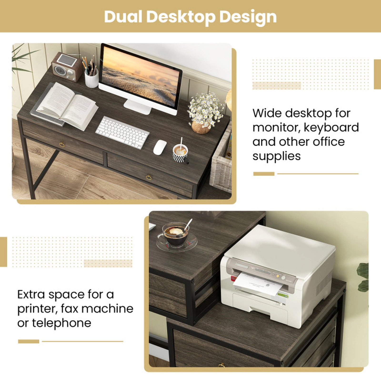 SUGIFT 51-in Computer Desk with 5 Drawers and Side File Cabinet 380-lb Capacity Home Office Desk Gray & Black