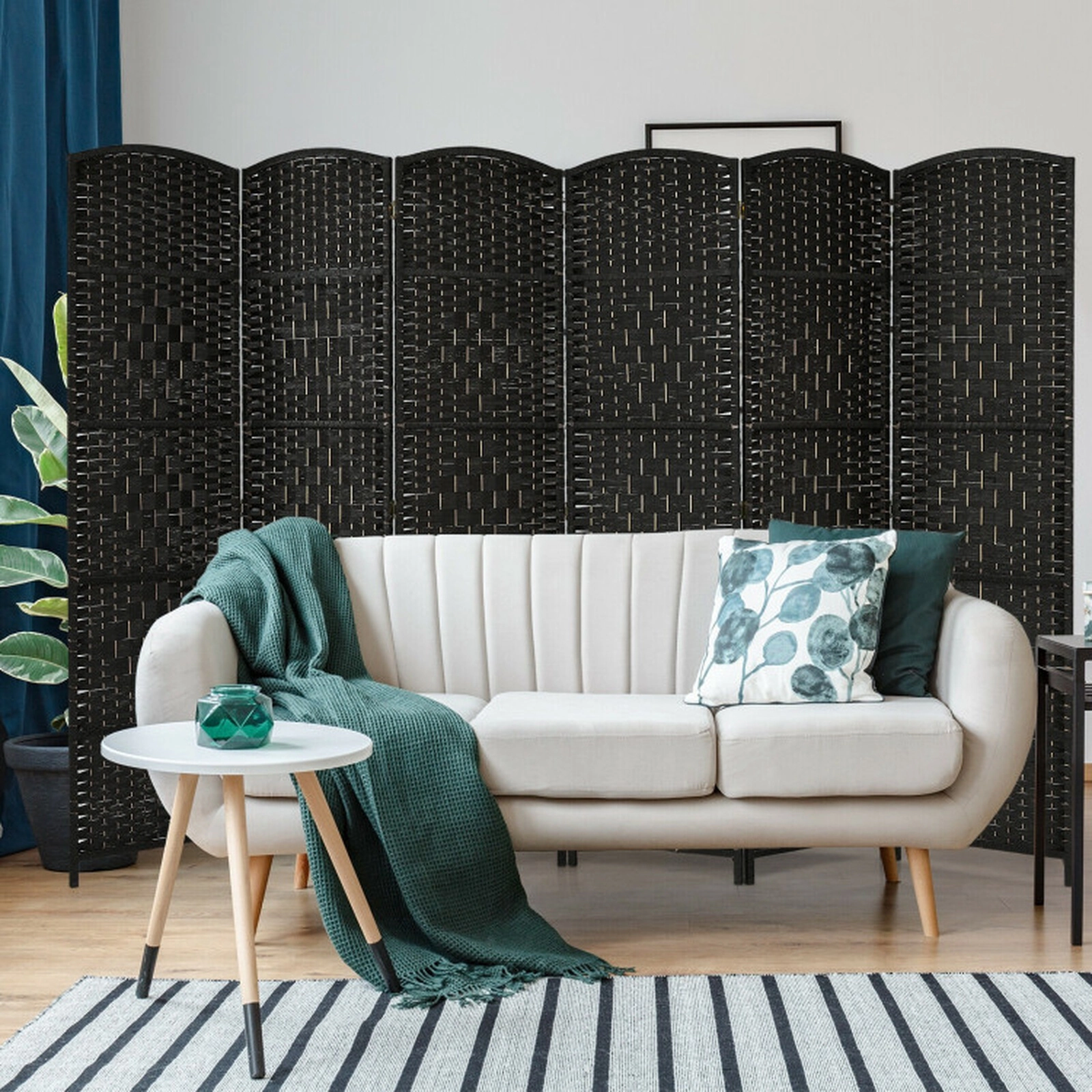 SUGIFT Handwoven Paper Fiber 6-Panel Folding Room Divider Screen 6.5-ft Tall Poplar Frame Black Brown