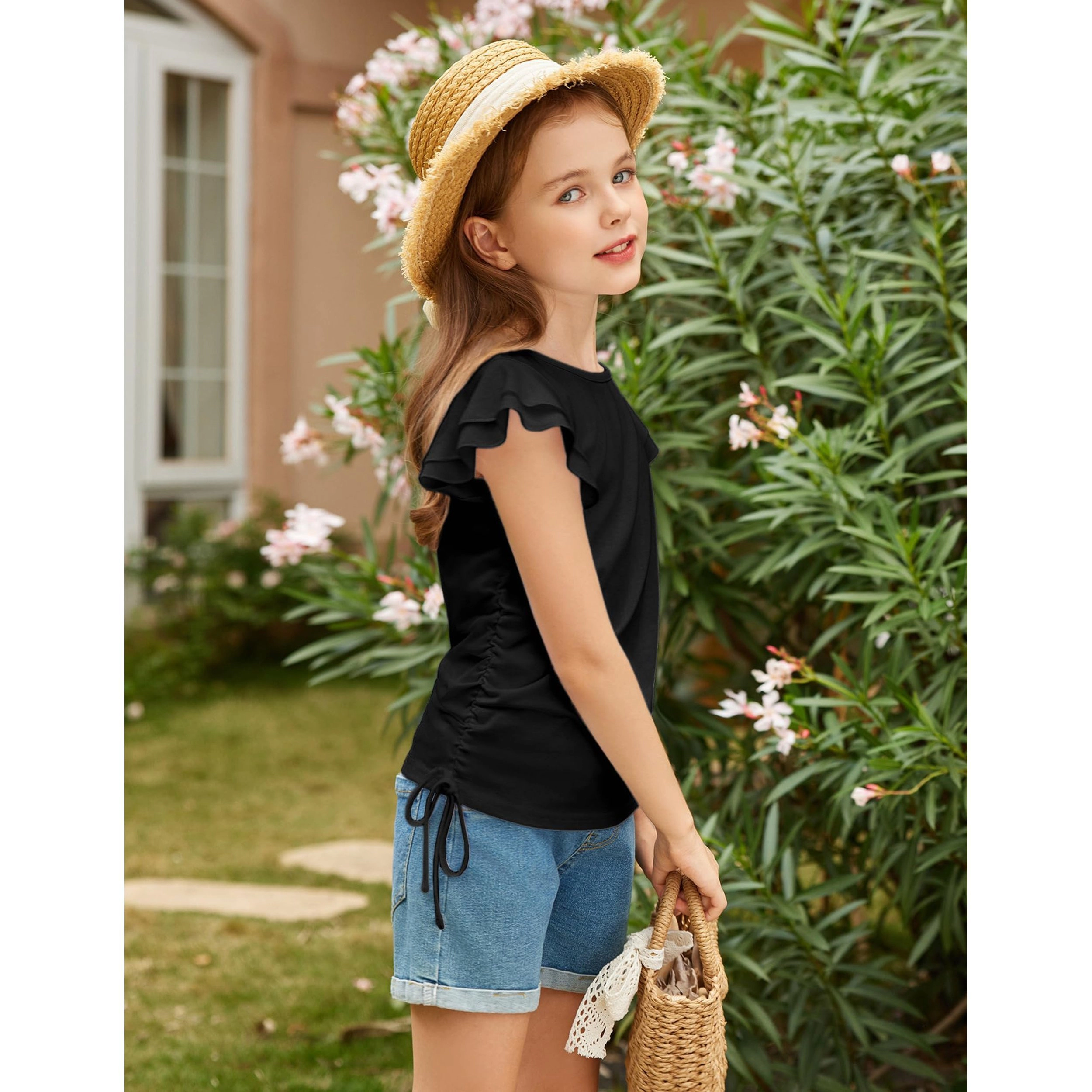 Arshiner Girls Ruffle Short Sleeve Ruched Knot Side Summer Tunic Tee Top
