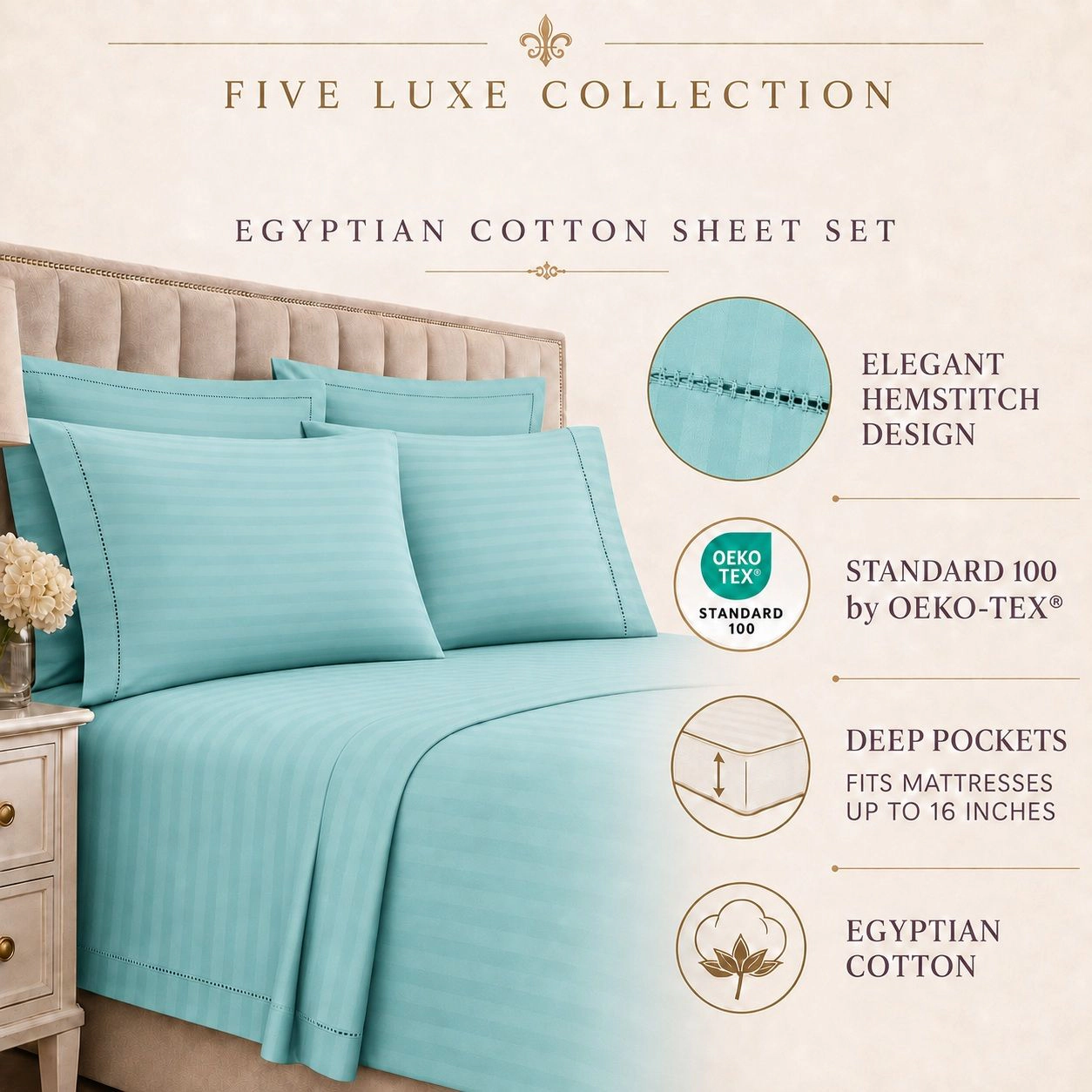 HSH Dream 1500 TC Egyptian Cotton Sheet Set by Five Luxe Collection Luxury Sateen Sheets with Elegant Hemstitch Design