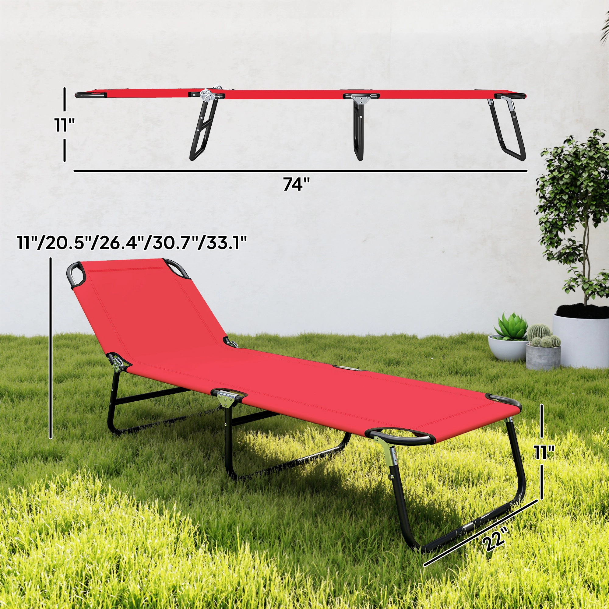 HONGGE Folding Chaise Lounge Chair, Outdoor Sun Tanning Chair, 5-Level Back, Pool Chair with Steel Frame, for Beach