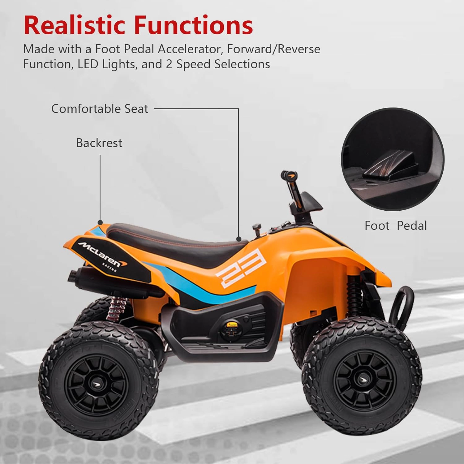 Licensed McLaren 24V Kids Ride-On Car, Electric 4-Wheeler Quad ATV w/ 2 Speeds, LED, Bluetooth & Music