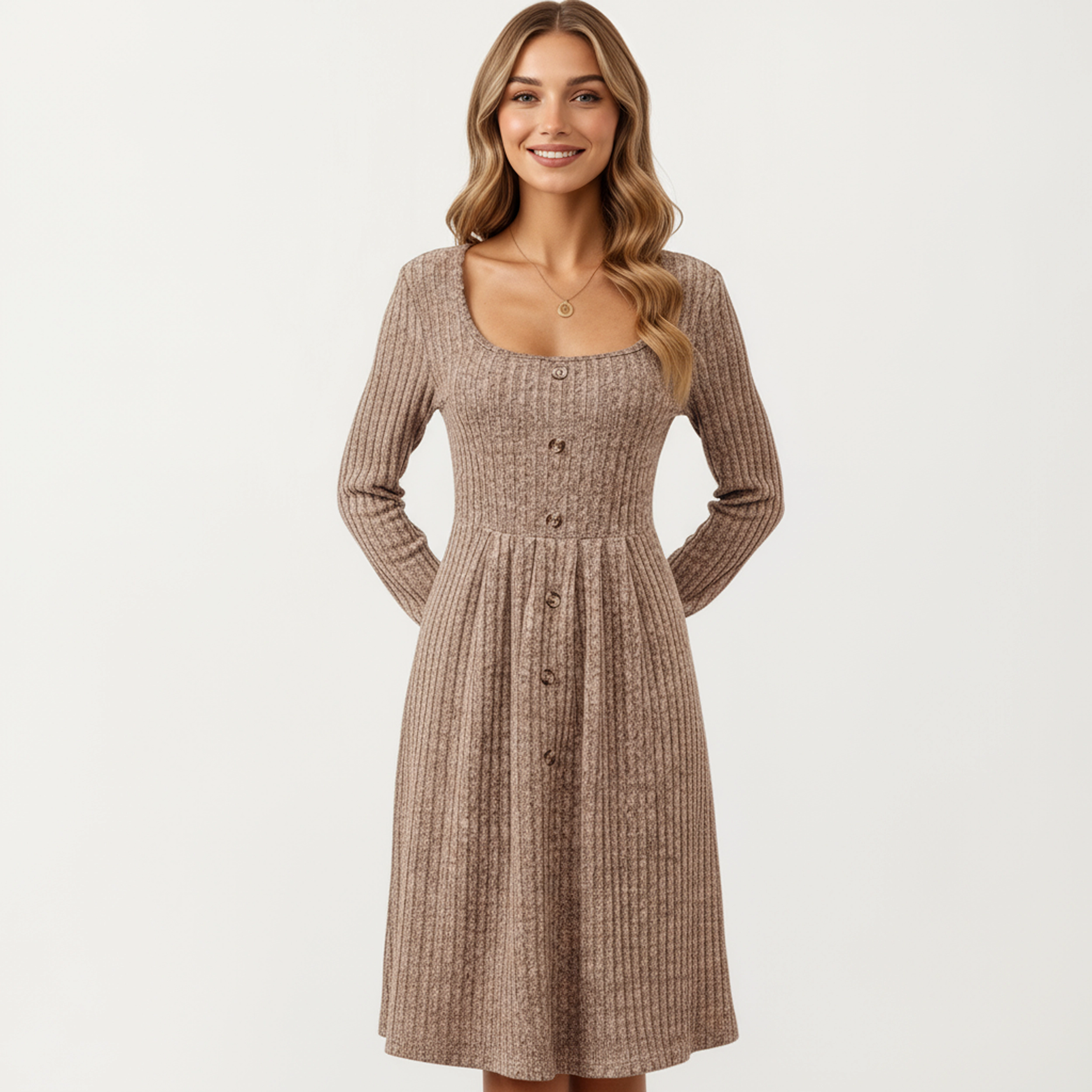 Anna-Kaci Women's Ribbed Knit A-Line Button Front Dress