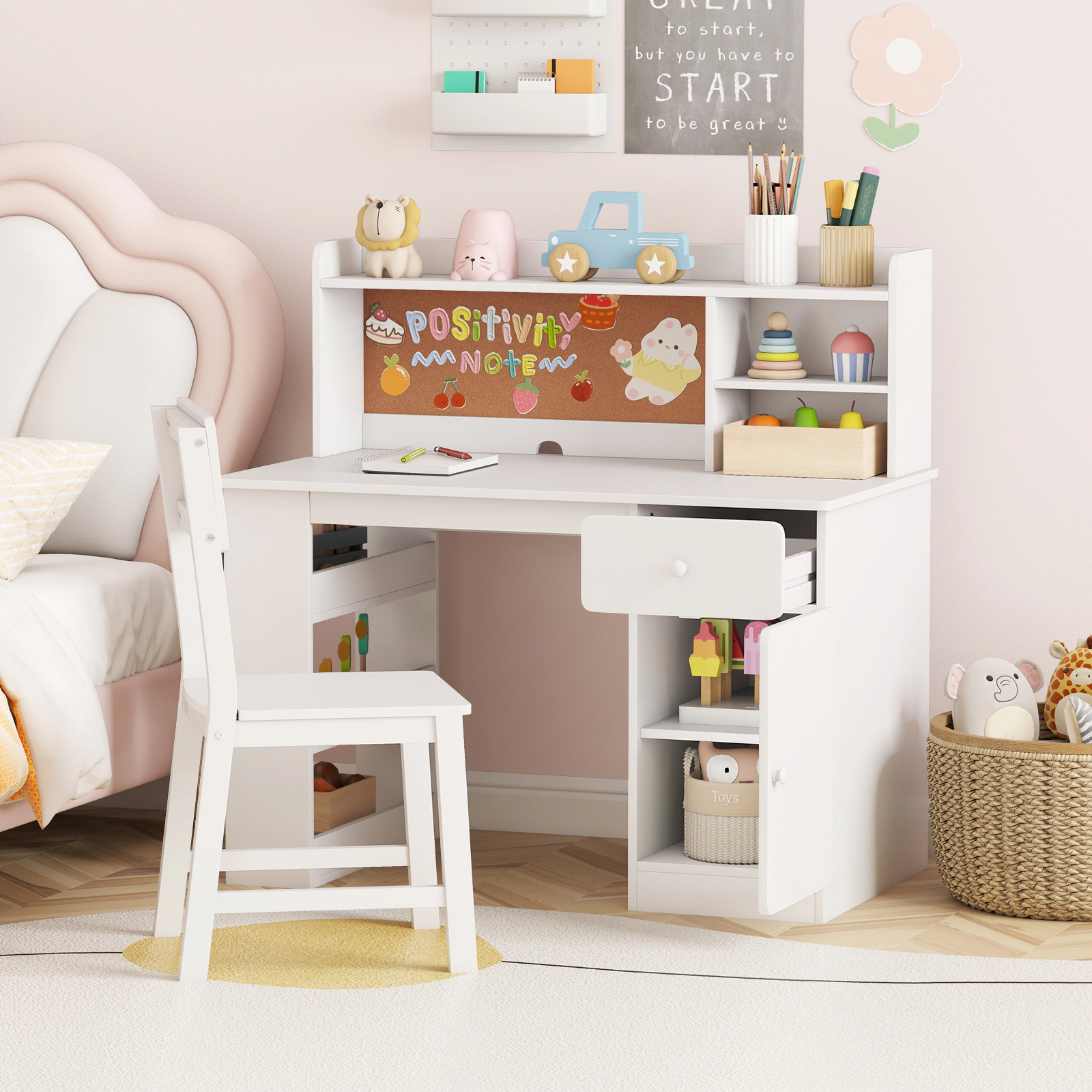 Kids Desk and Chair Set with Hutch 3-Layer Side Shelf Drawer and Enclosed Cabinet Cork Board Student Study Desk White